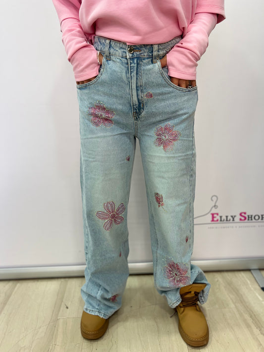 Jeans wide leg donna con fiori glitterati