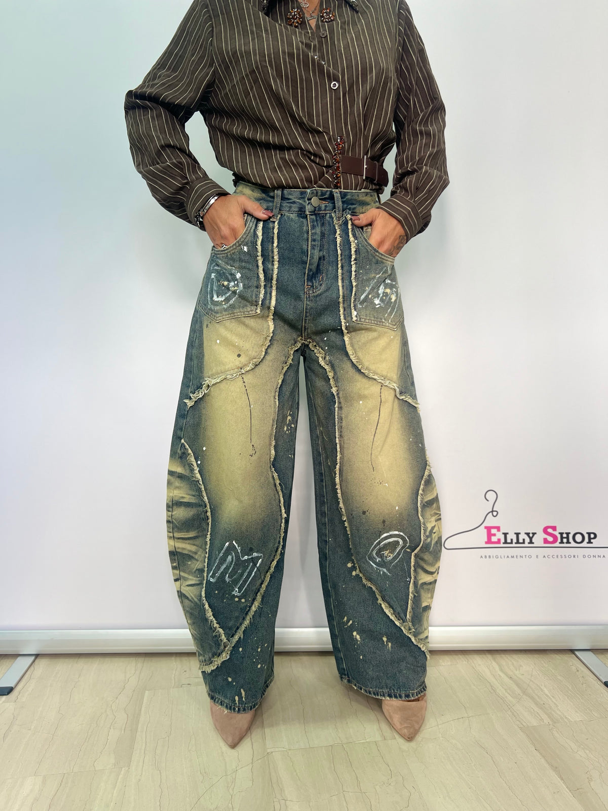 Jeans Donna Balloon Oversize con Inserti Patchwork Sfrangiati e Lavaggio Vintage