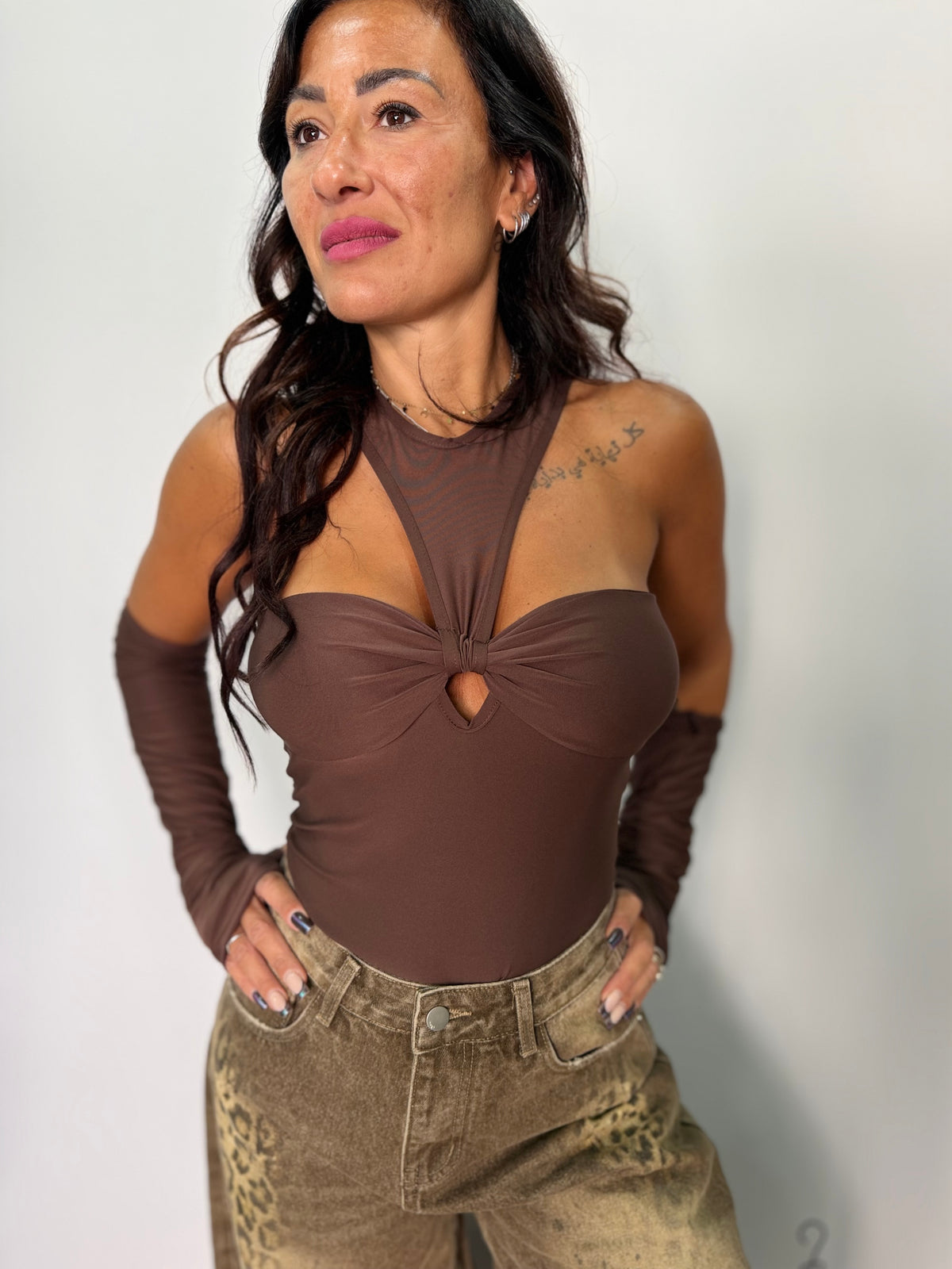 Body Donna Sensual Chic con Tulle, Cut-Out e Manicotti