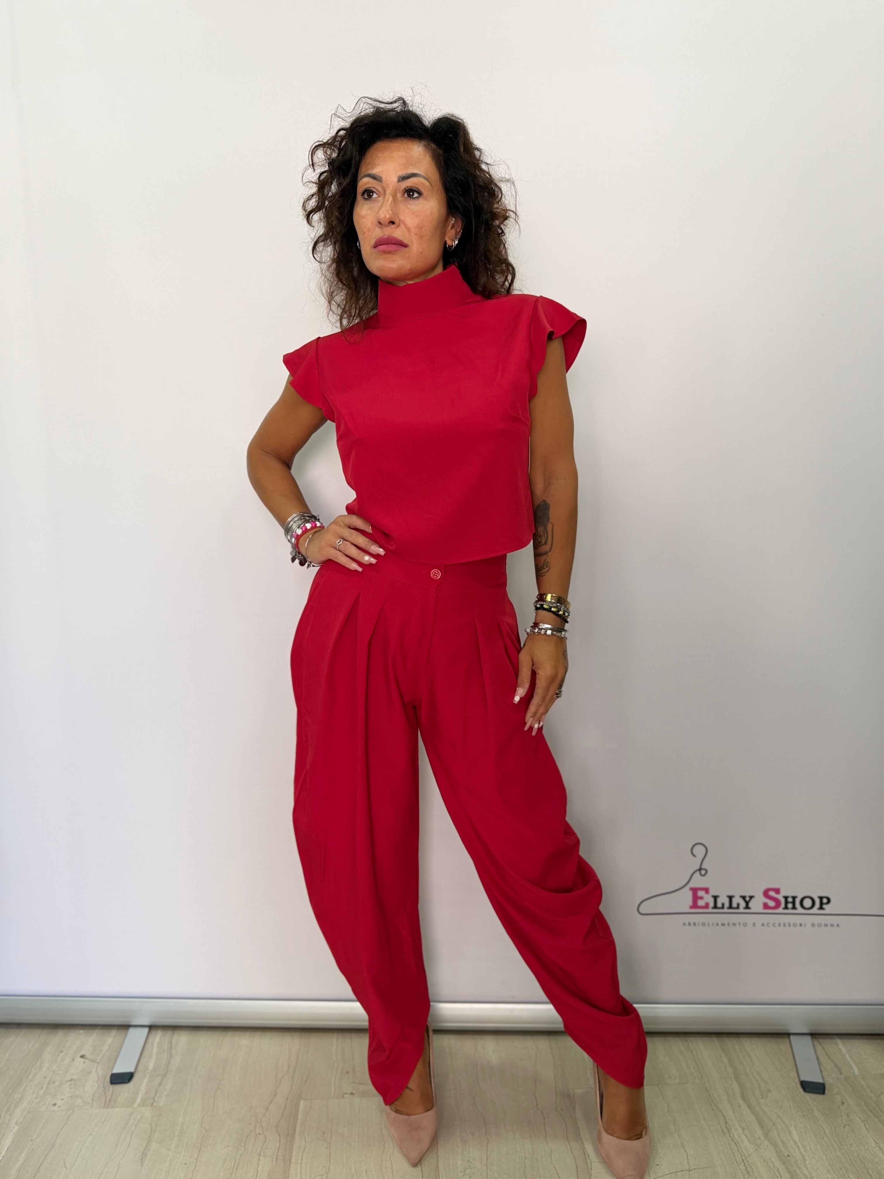 Completo Valeria2 Donna Chic Collo Alto e Pantalone Drappeggiato