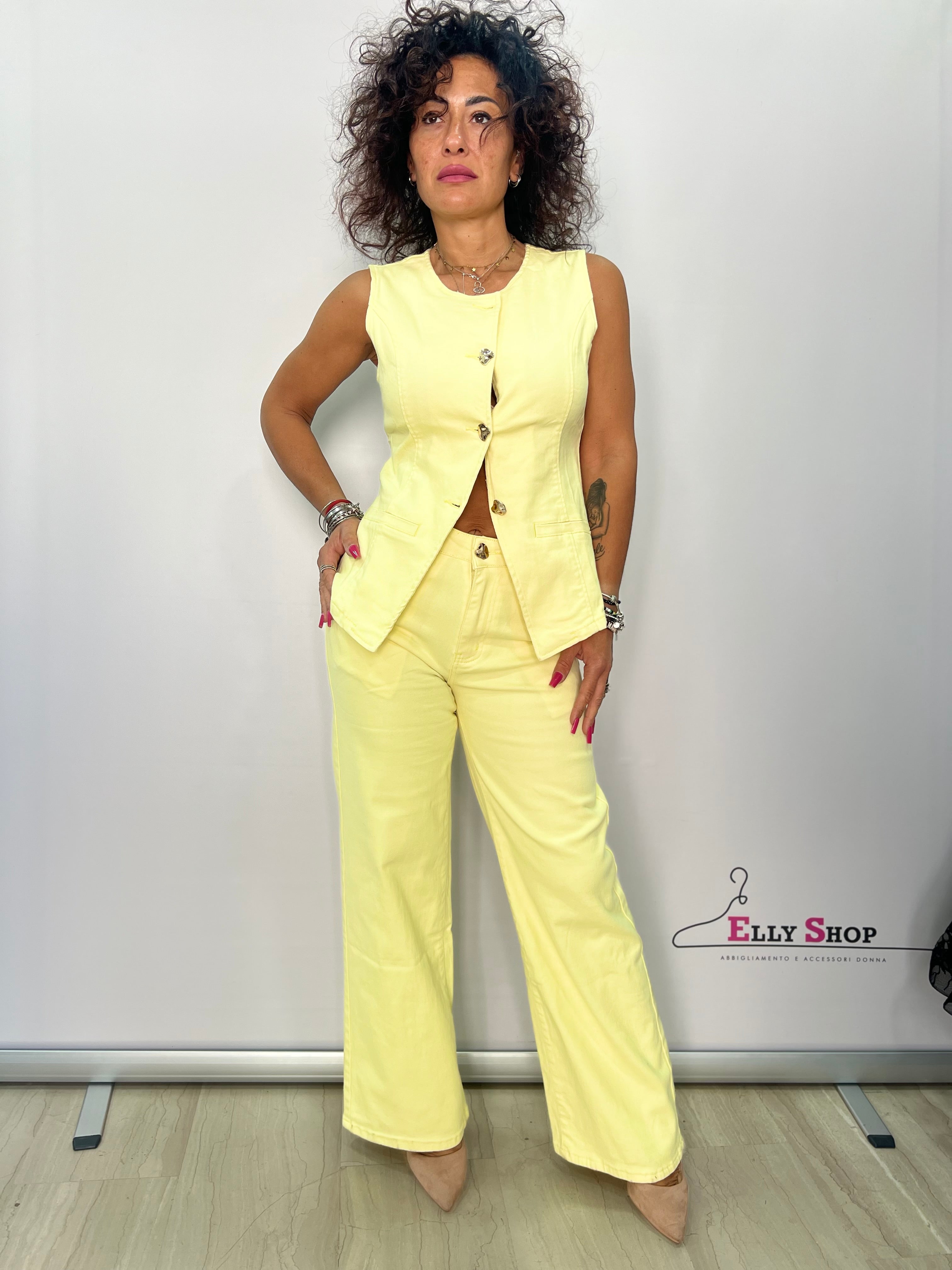 Completo jeans Donna Gilet e Pantalone Wide Leg