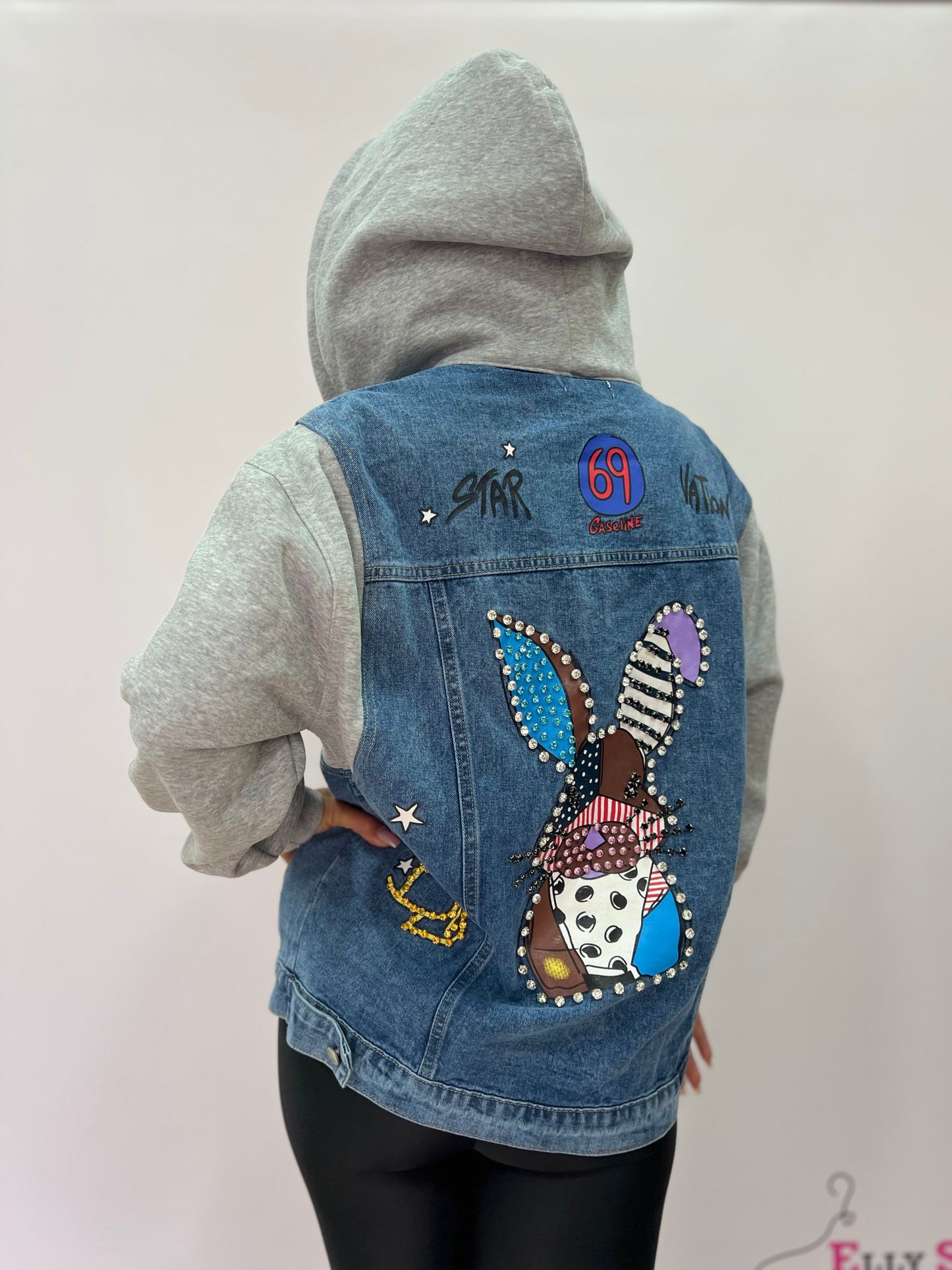 Giubbino stoffa e jeans bunny brillantini