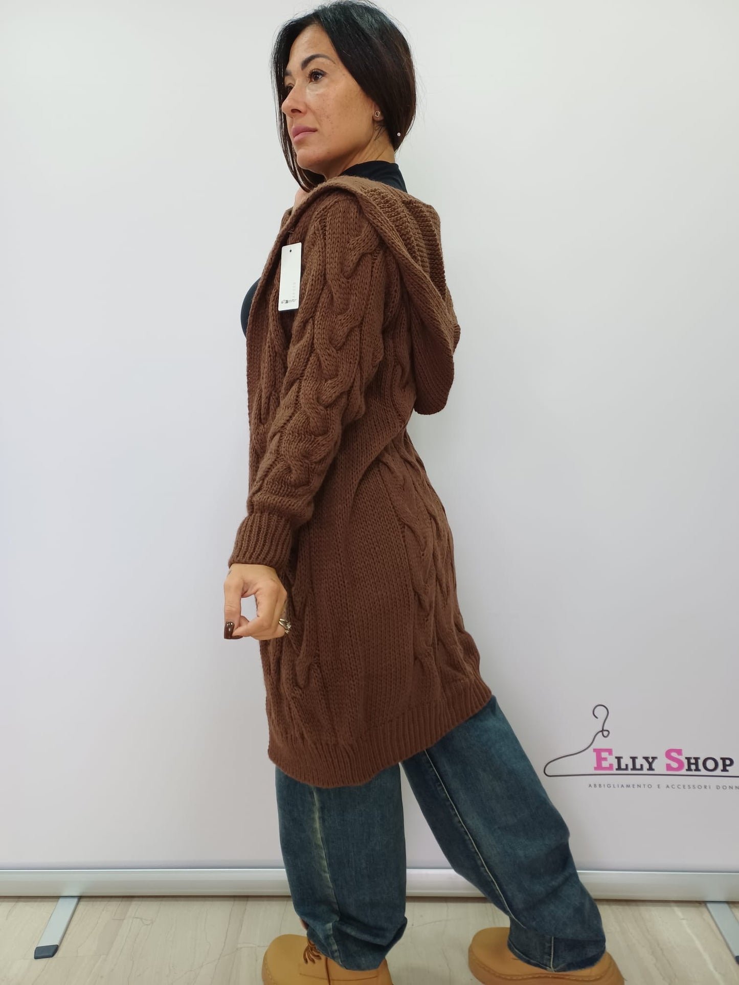 Cardigan lungo donna intrecciato con cappuccio