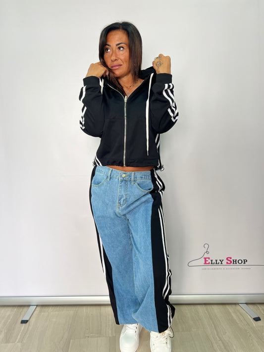 Completo donna sportivo con felpa e pantalone jeans – taglia unica grigia o nera fino a L