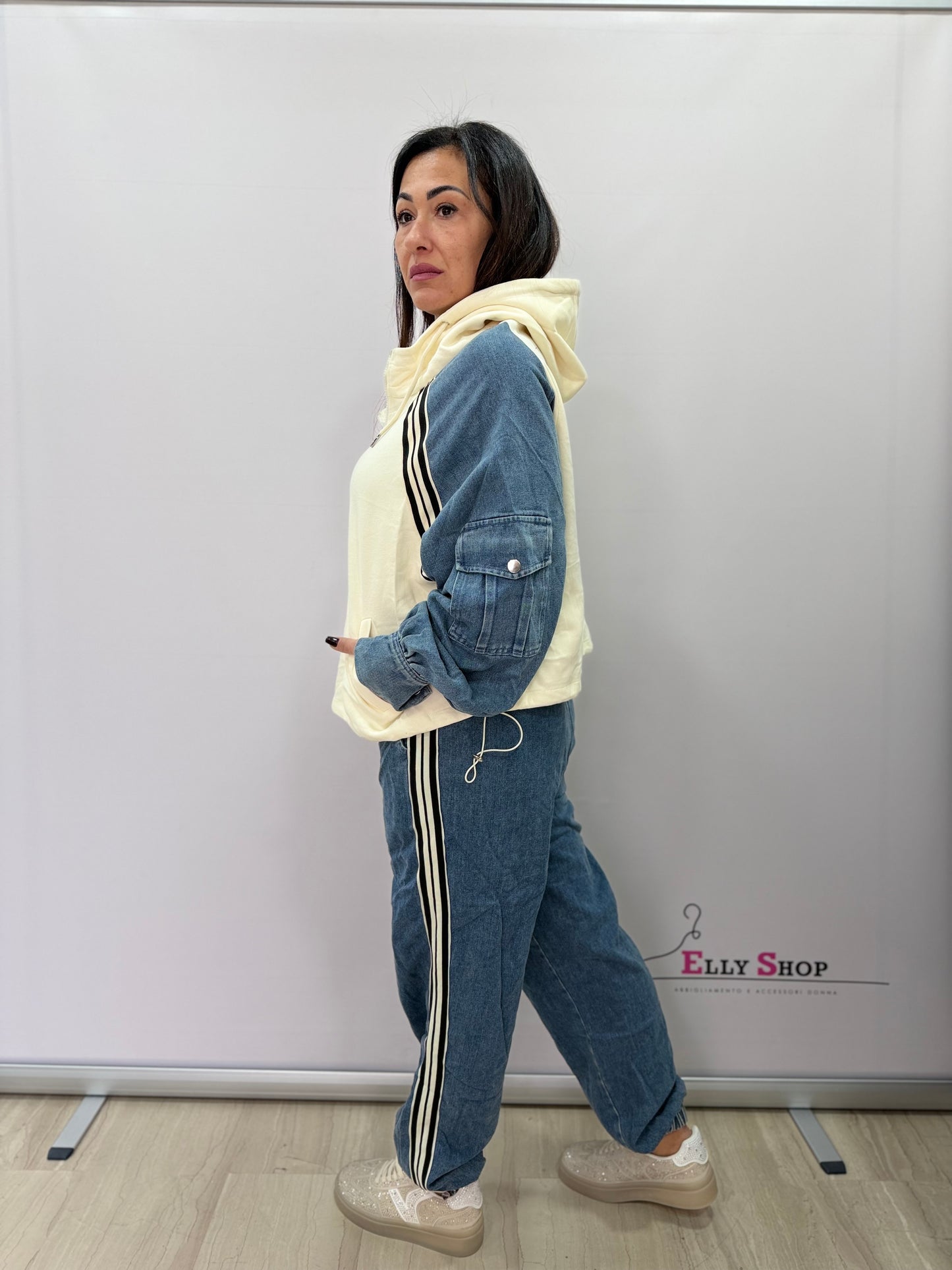 Completo tuta donna denim mix con cappuccio