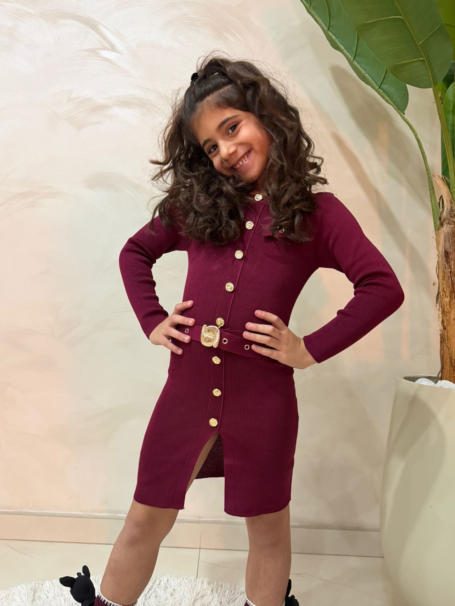 Vestito elegante bambina bordeaux con cintura