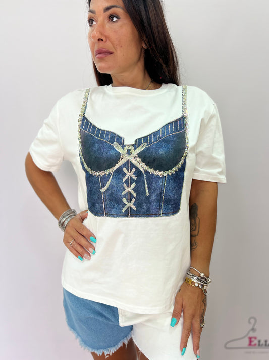T-shirt bianca donna con stampa corsetto denim e dettagli glitter taglia unica