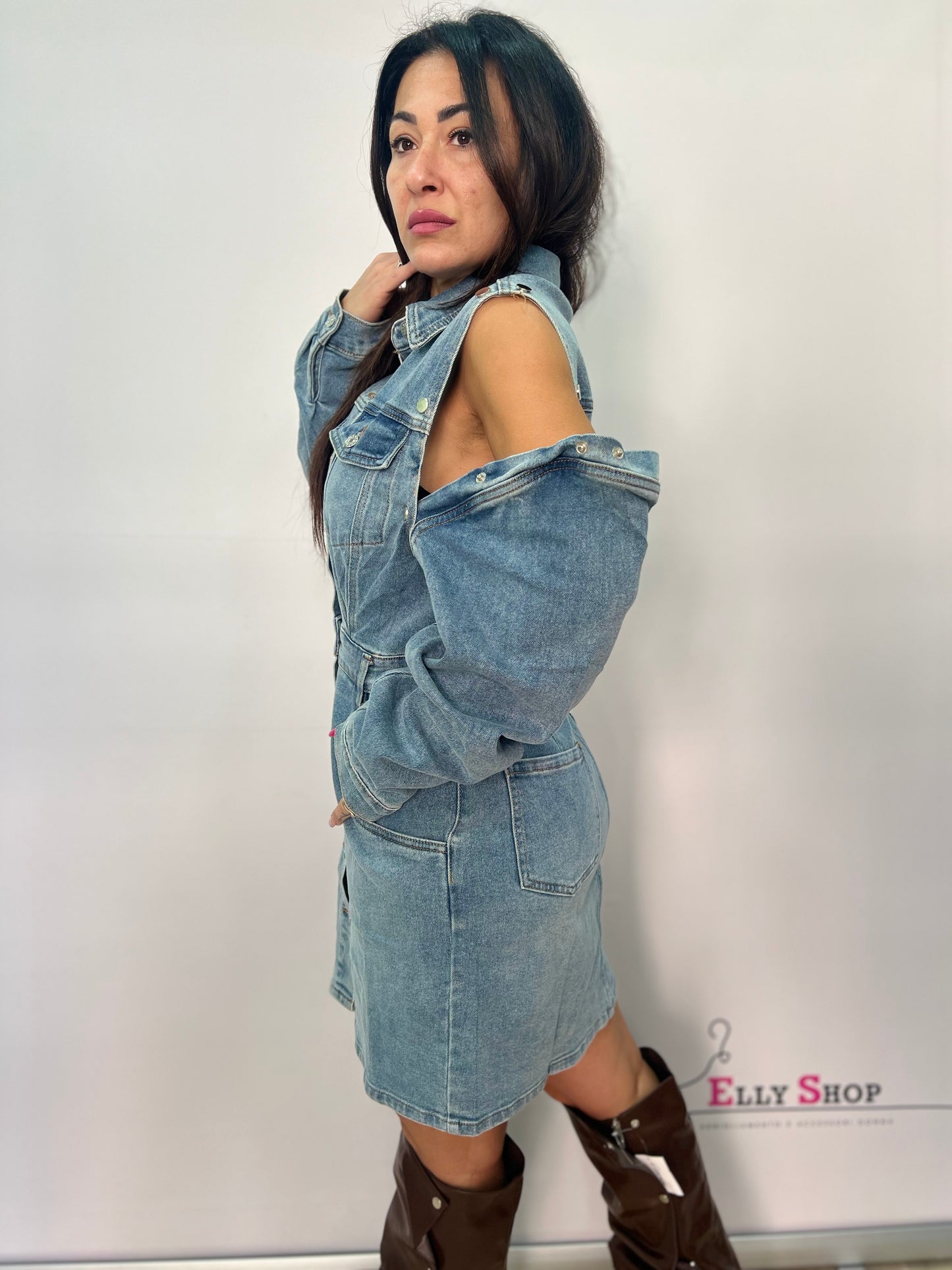 Abito chemisier denim con maniche rimovibili