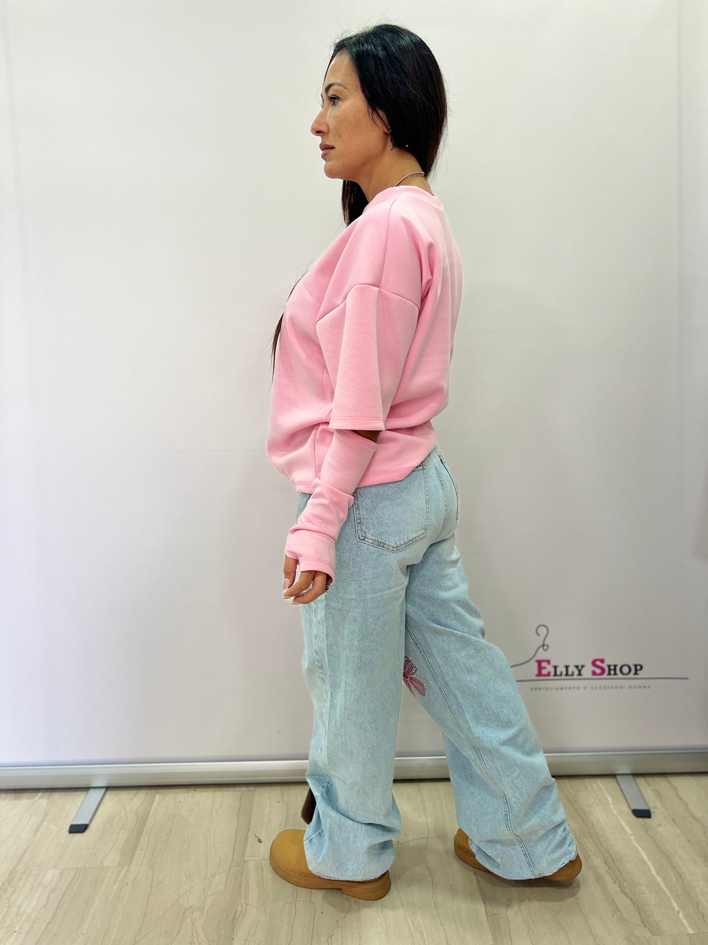 Jeans wide leg donna con fiori glitterati