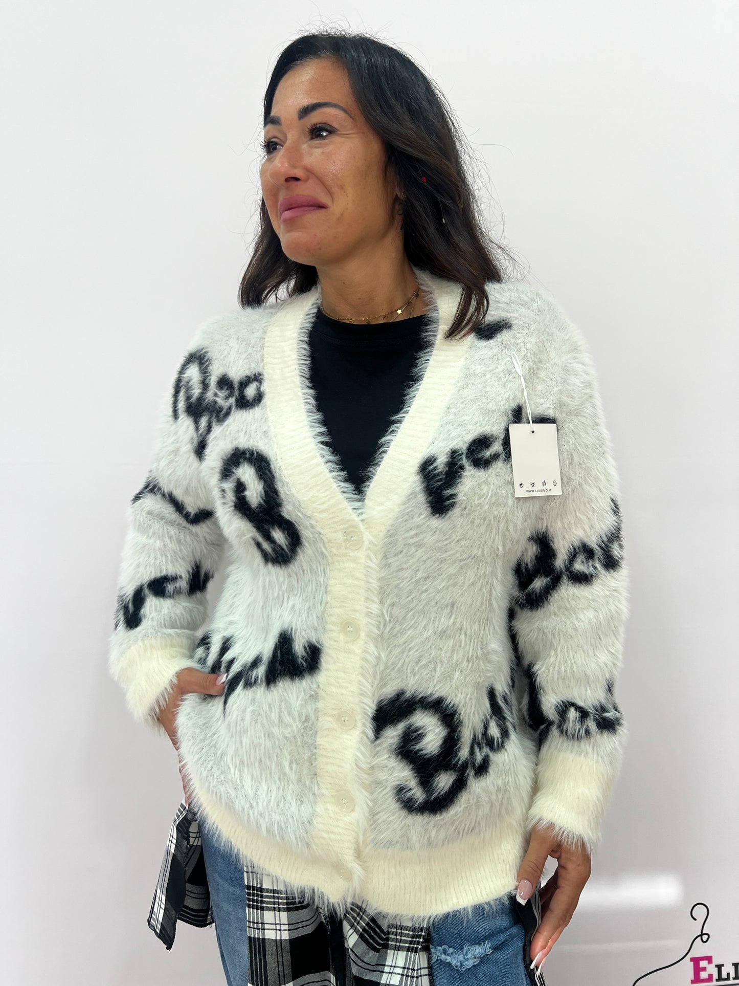 Cardigan peloso donna con scritte a contrasto