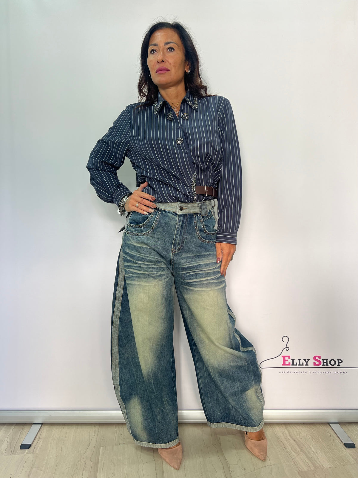 Jeans Donna Balloon Oversize a Vita Alta con Borchie – Denim Vintage