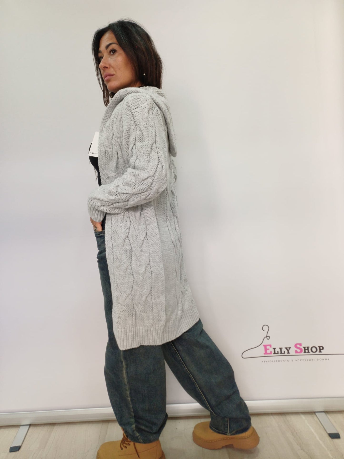 Cardigan lungo donna intrecciato con cappuccio