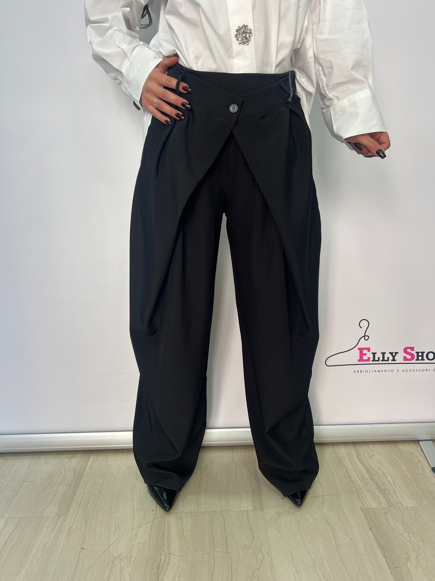 Pantalone donna ampio con piega incrociata