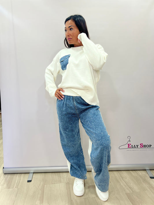 Completo Donna Oversize con Felpa e Pantalone Effetto Denim – Casual Autunno/Inverno