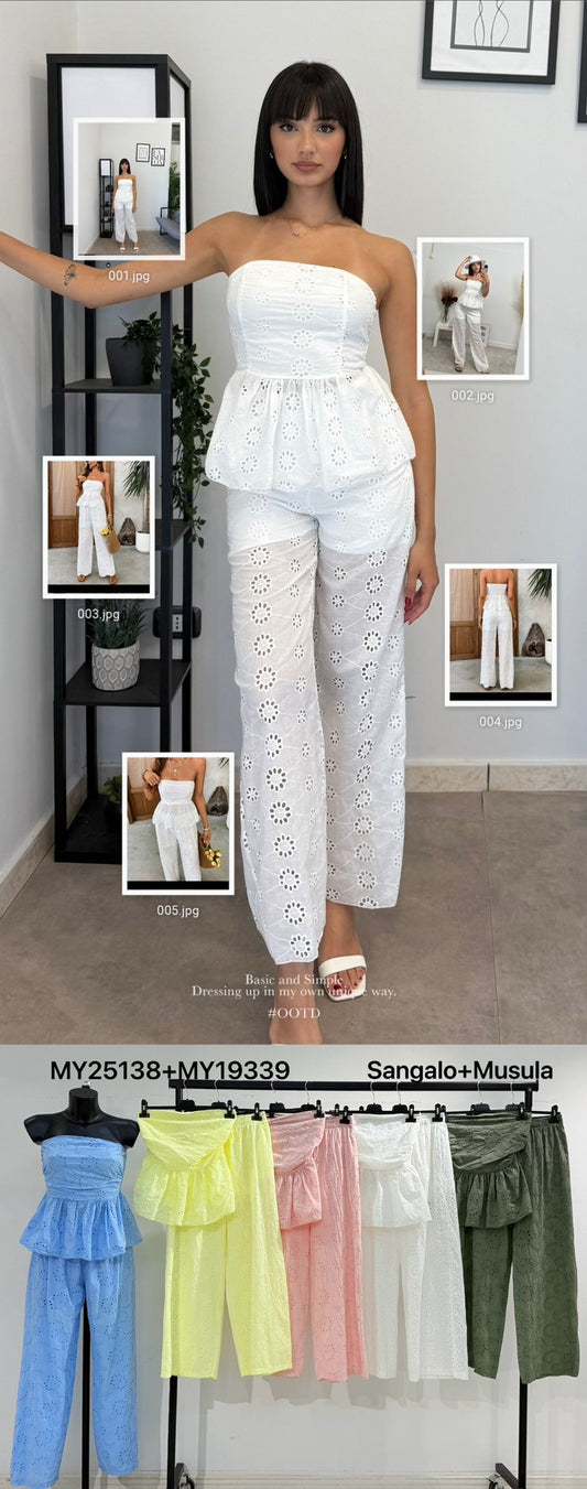 Completo estivo donna in Sangallo due pezzi con top a fascia e pantaloni ampi – disponibile in vari colori