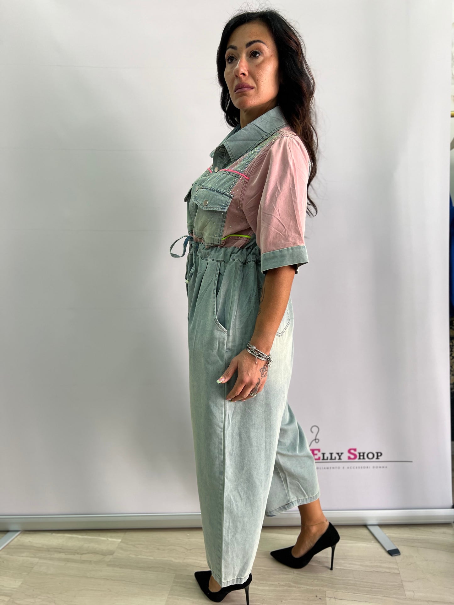 Tuta intera donna in denim bicolore con coulisse – Taglia unica fino alla 50