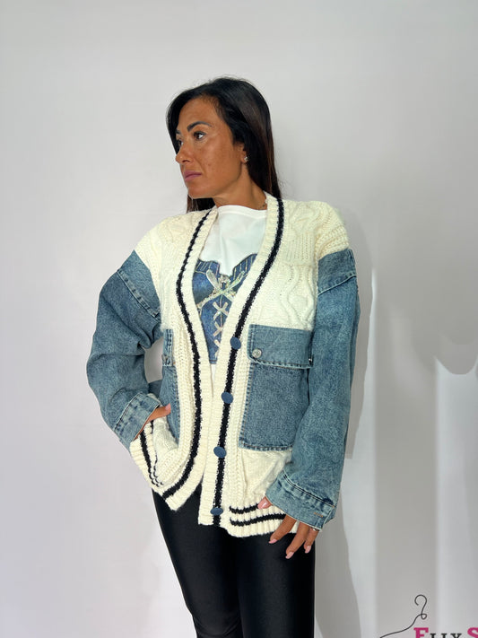 Cardigan donna in lanettina e denim nero con dettagli bianchi – giubbino casual taglia unica XL