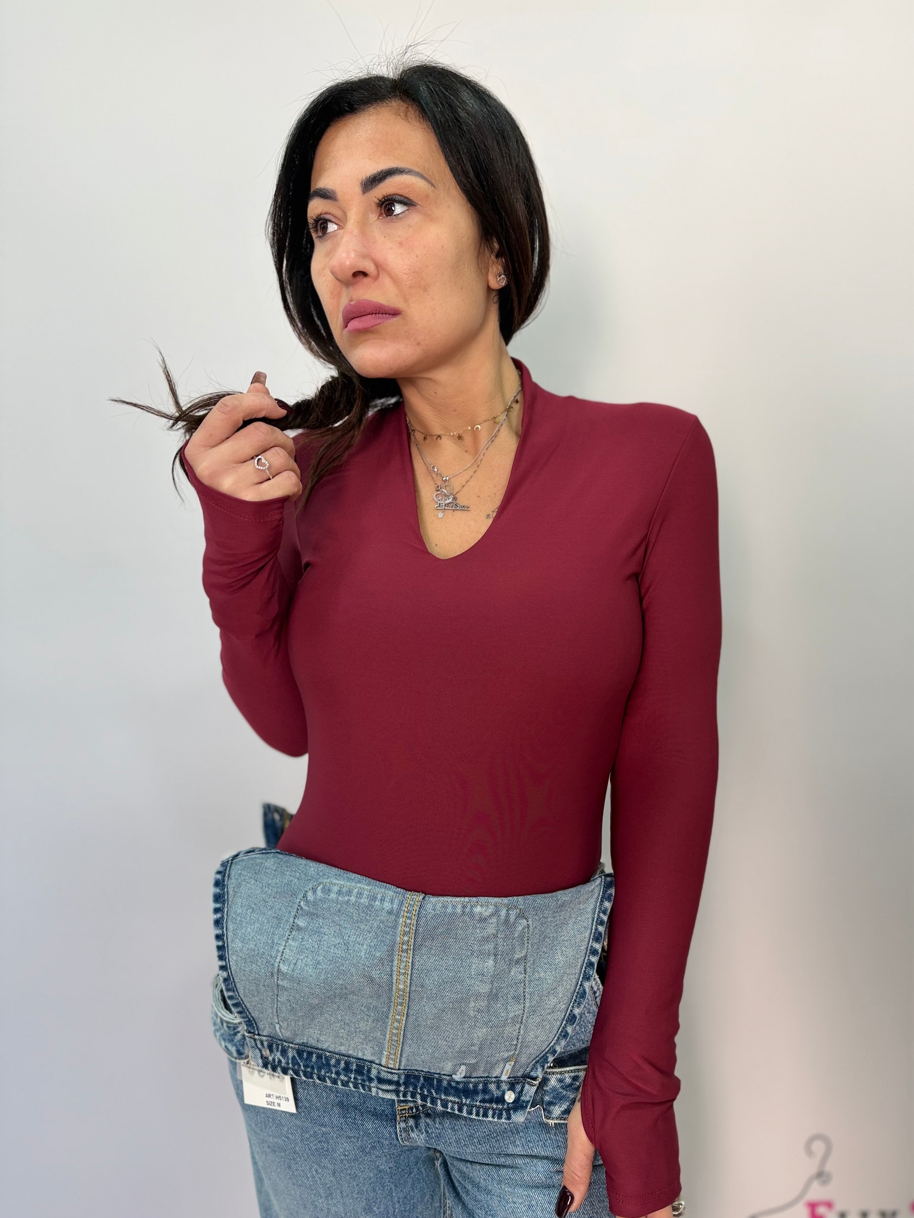 Body donna a manica lunga con scollo a V