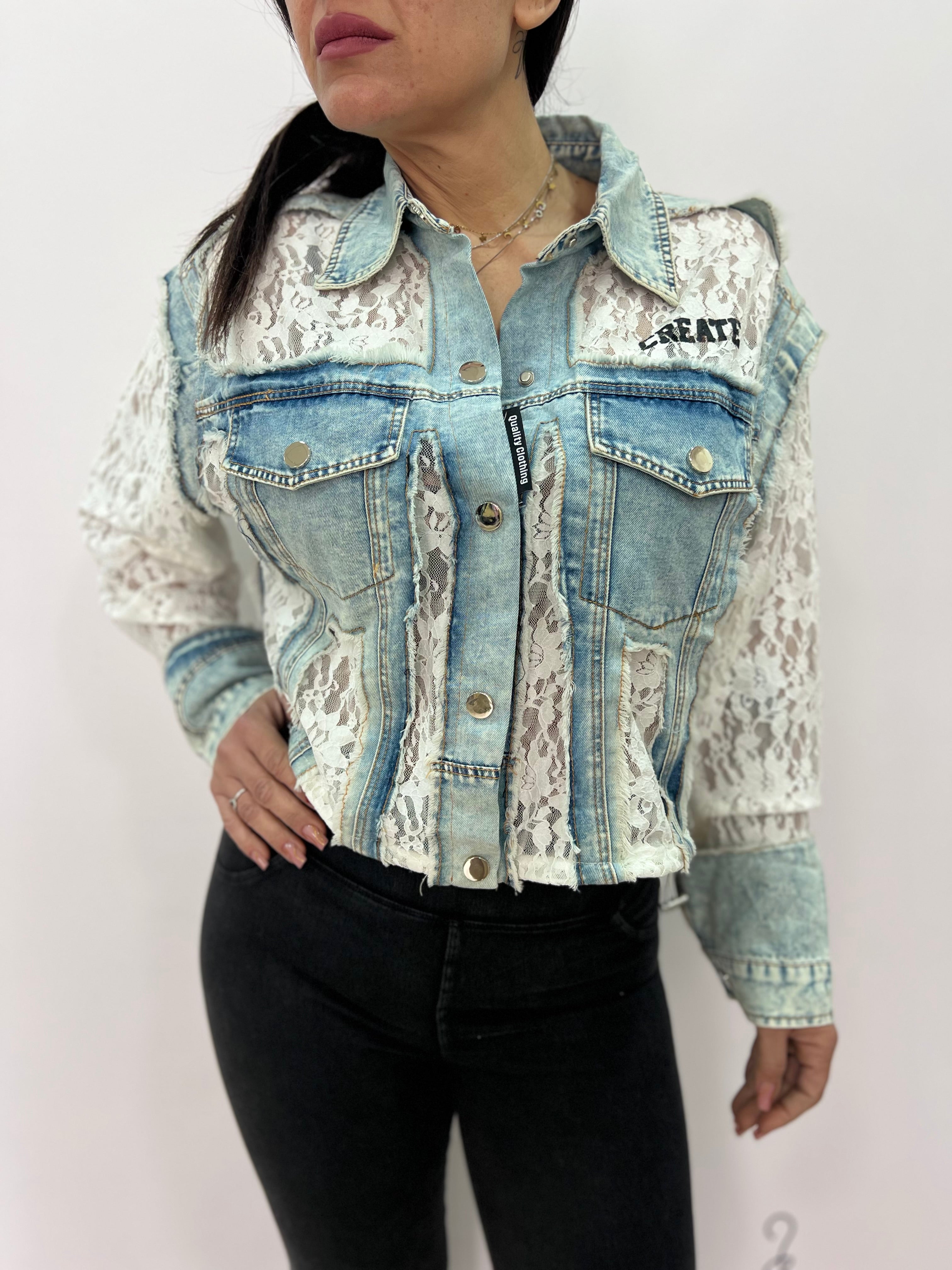 Giacca Denim Donna con Inserti in Pizzo Trend