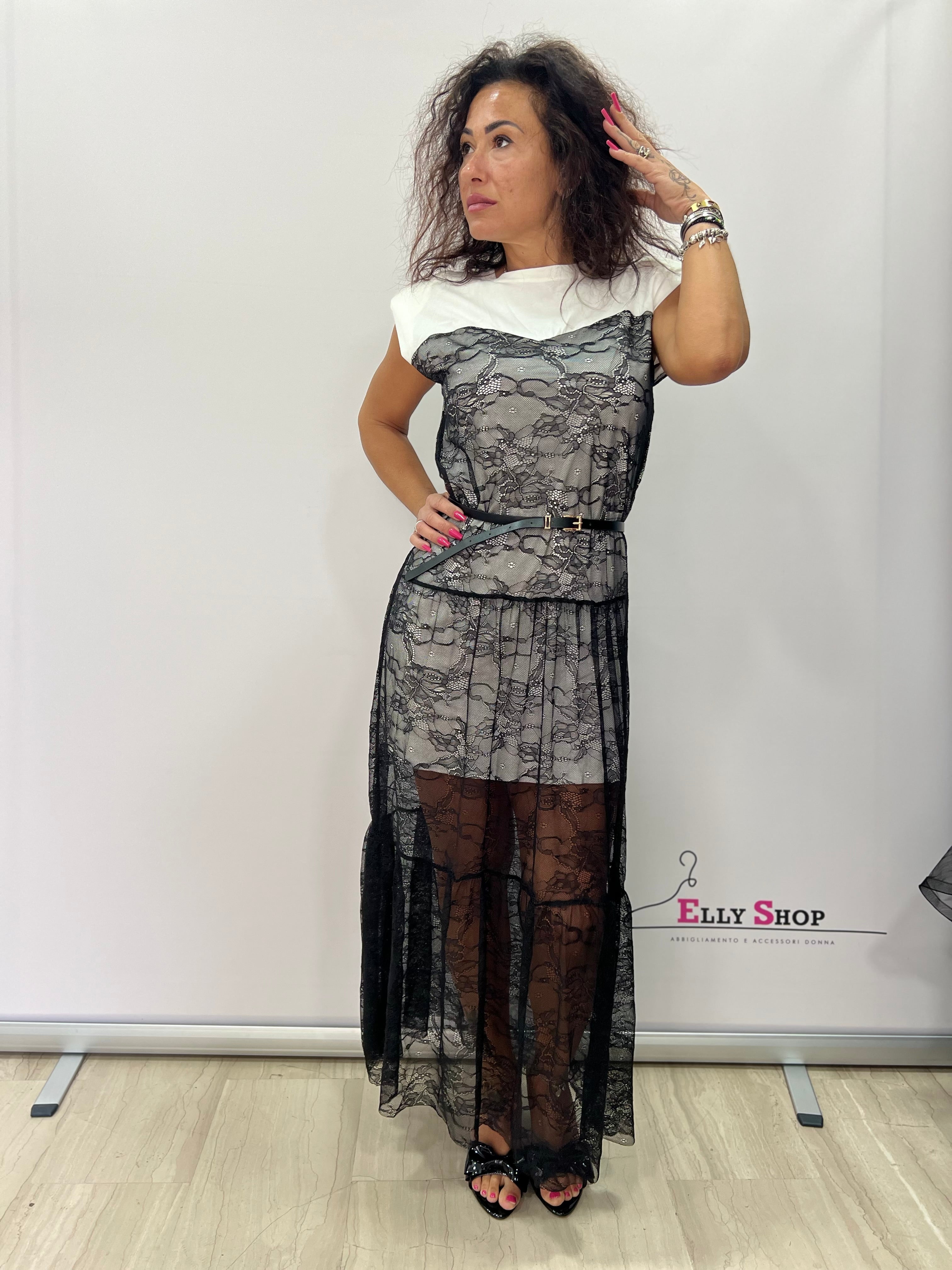 Abito lungo elegante in pizzo nero
