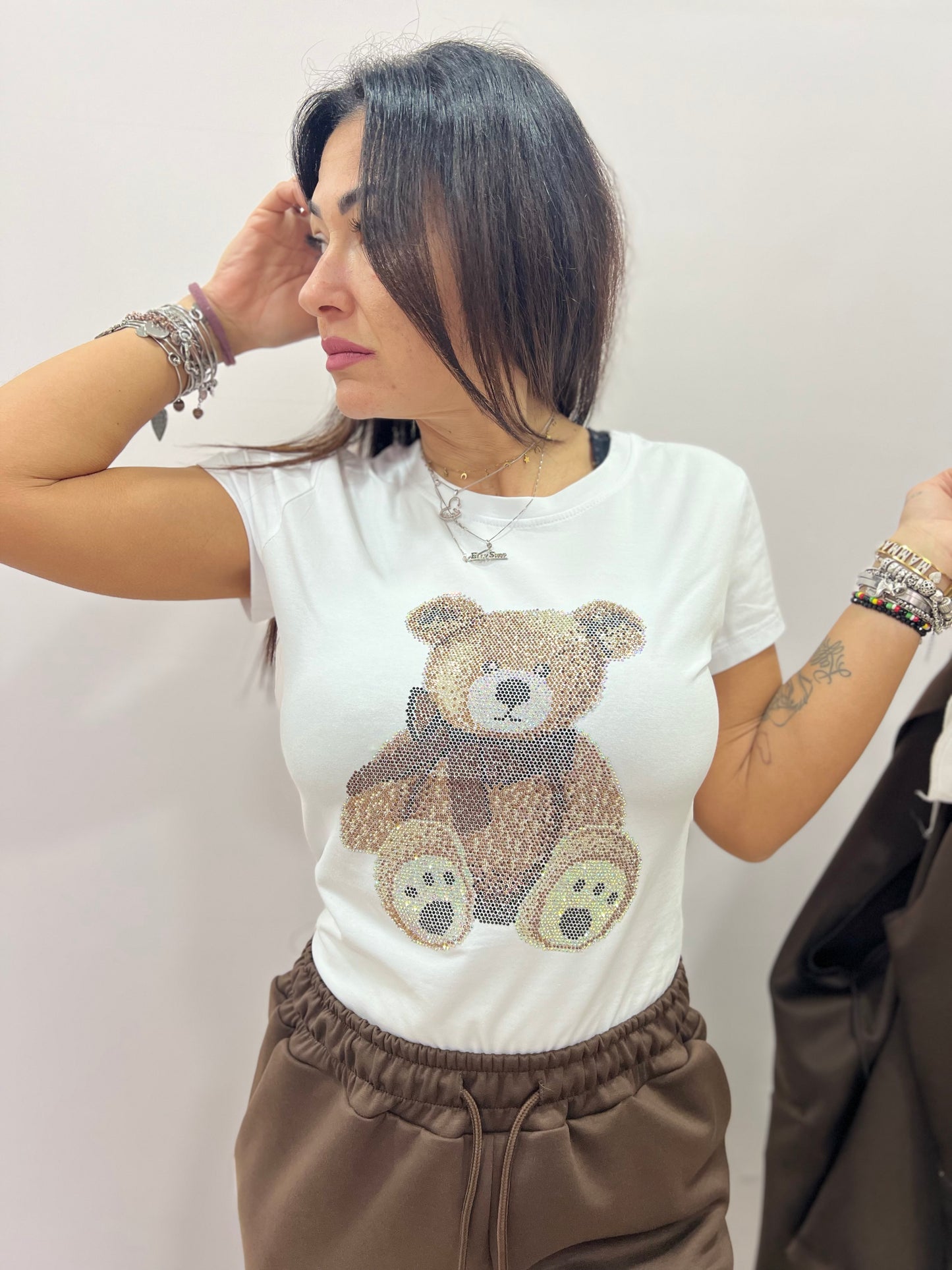 T-shirt donna con orsetto strass gioiello