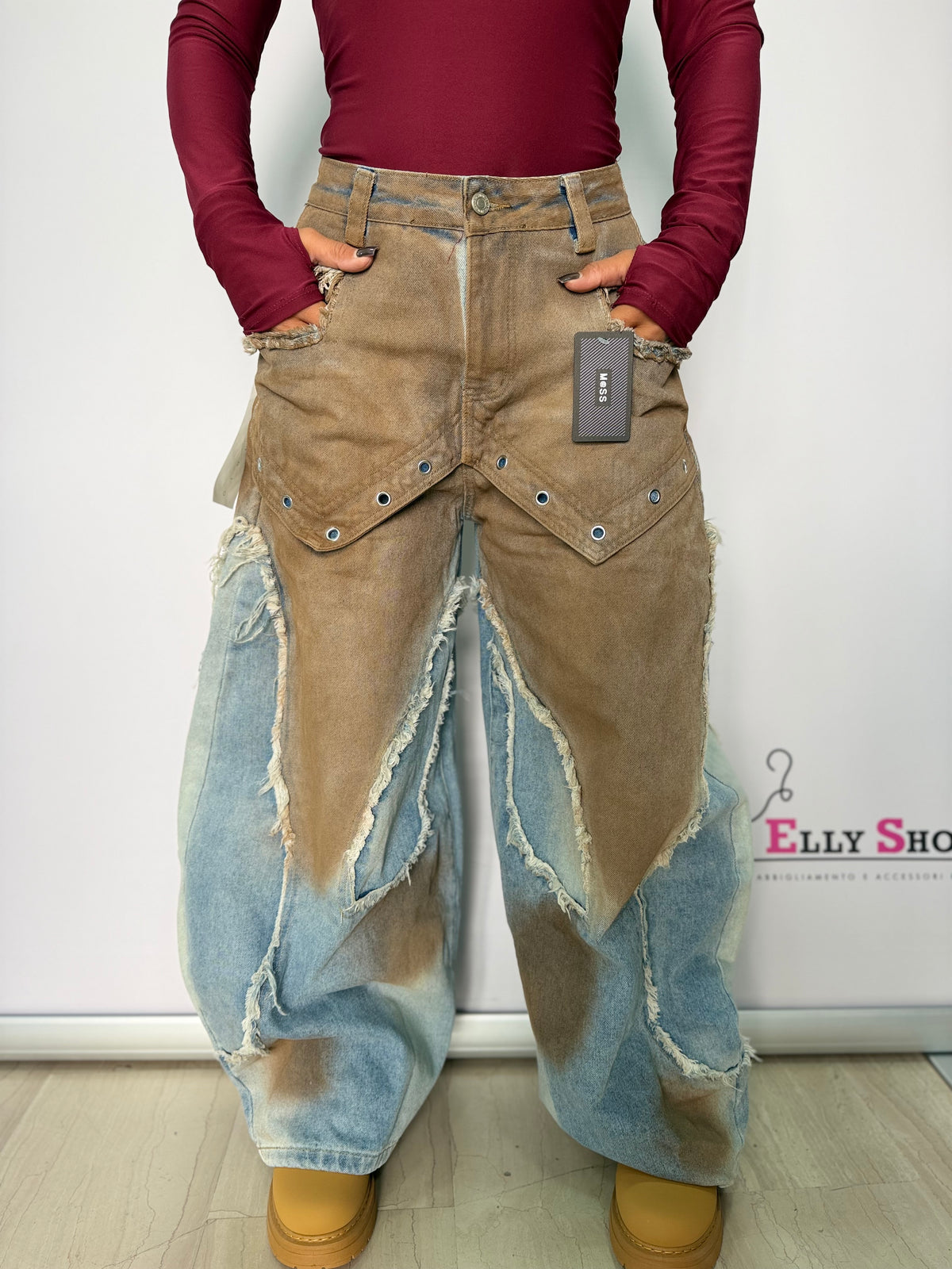 Jeans Donna Balloon Oversize Bicolor Patchwork con Inserti Denim