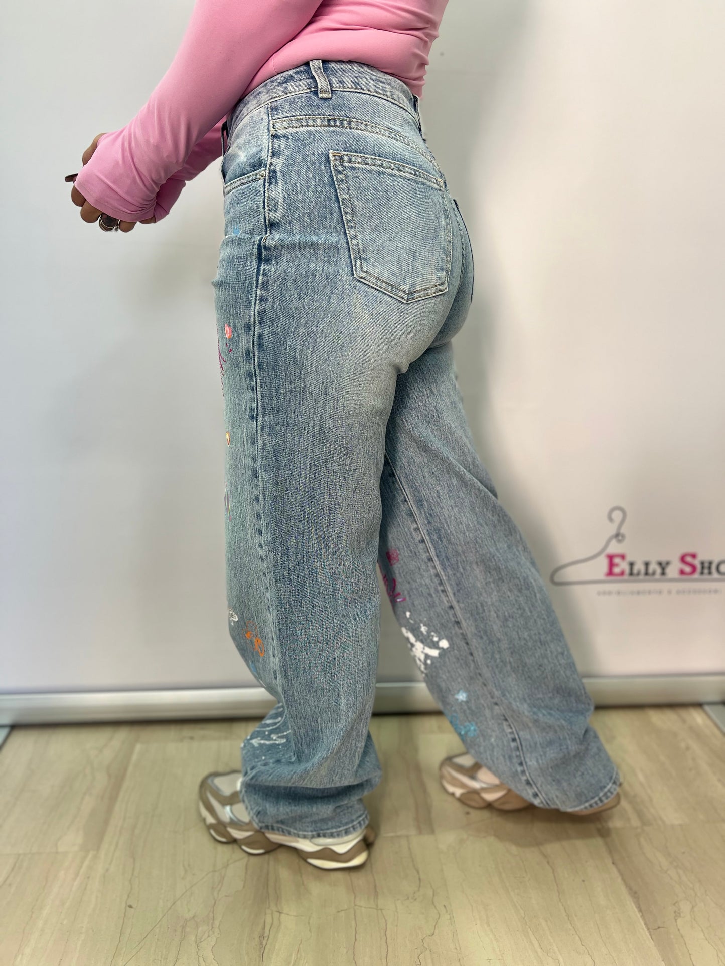 Jeans donna wide leg con stampa graffiti