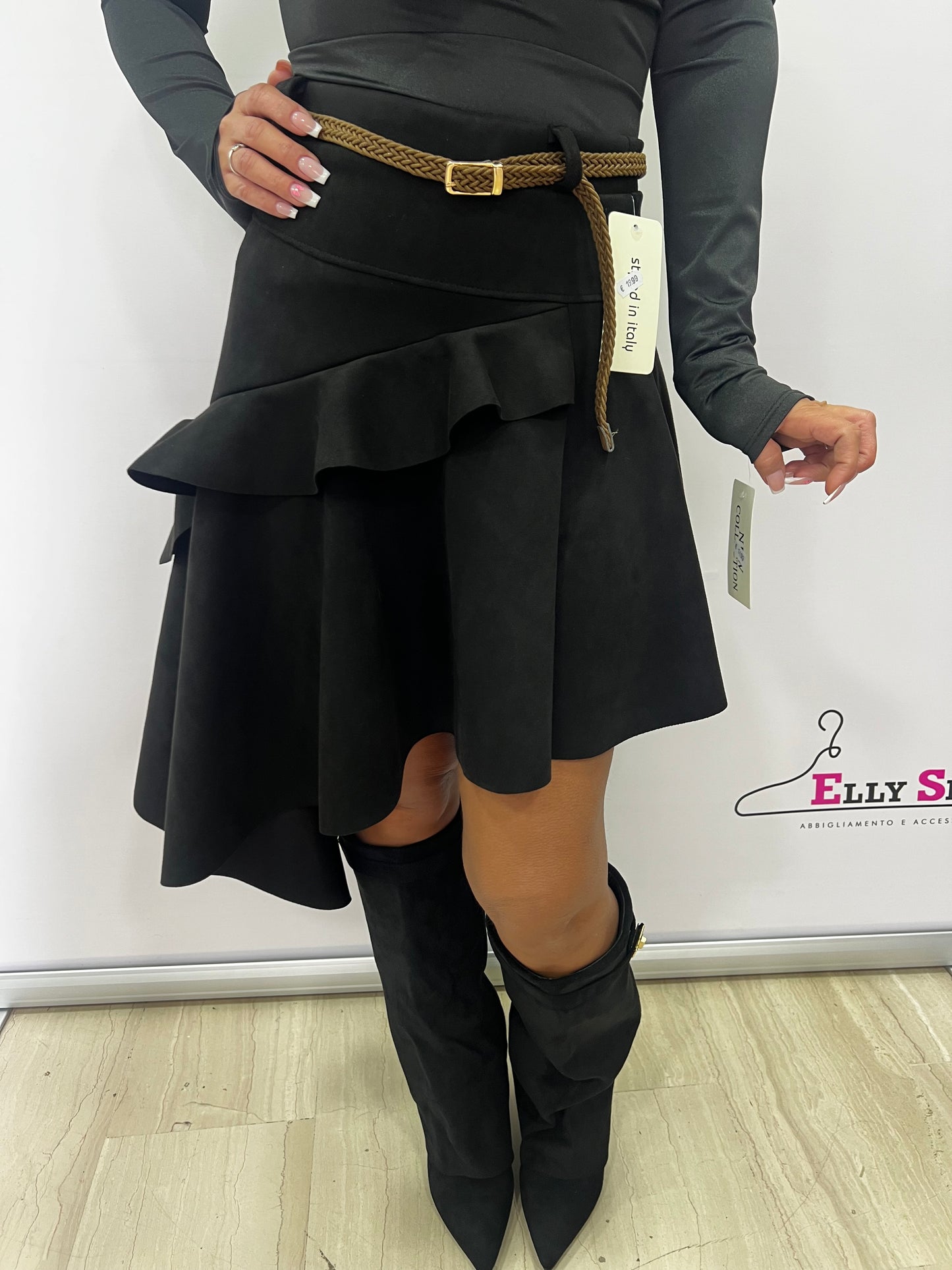 Gonna asimmetrica in camoscio con balza donna