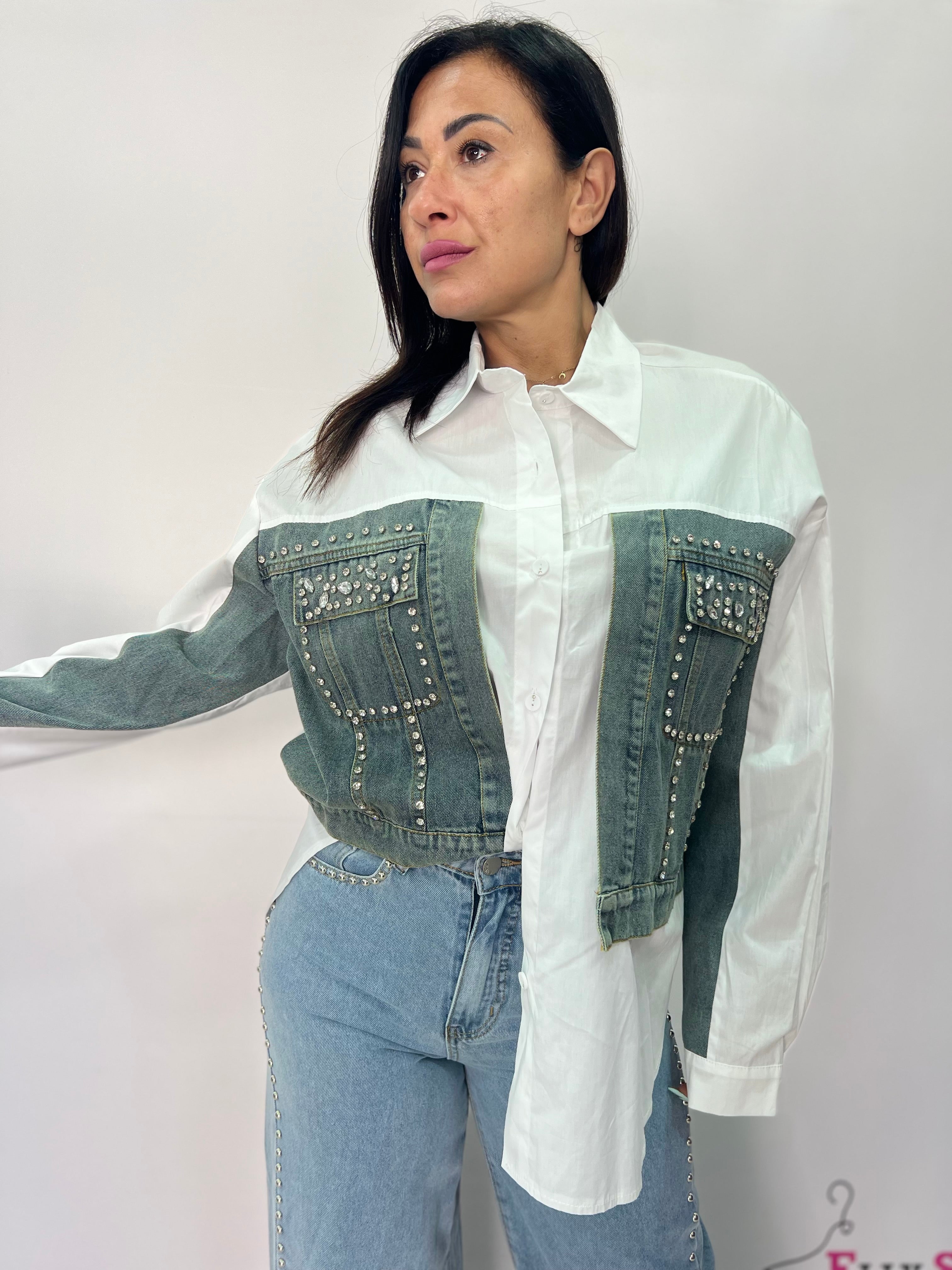 Camicia donna con inserto denim borchiato