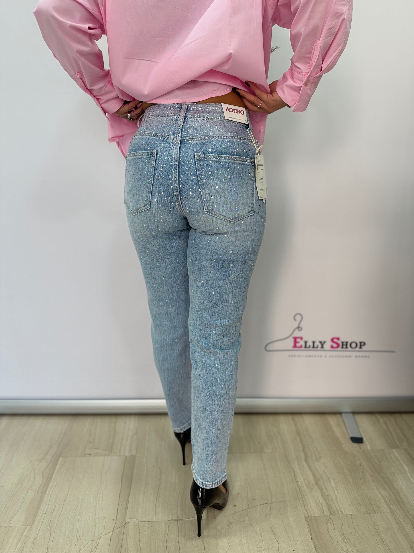 Jeans donna slim fit con strass denim chiaro