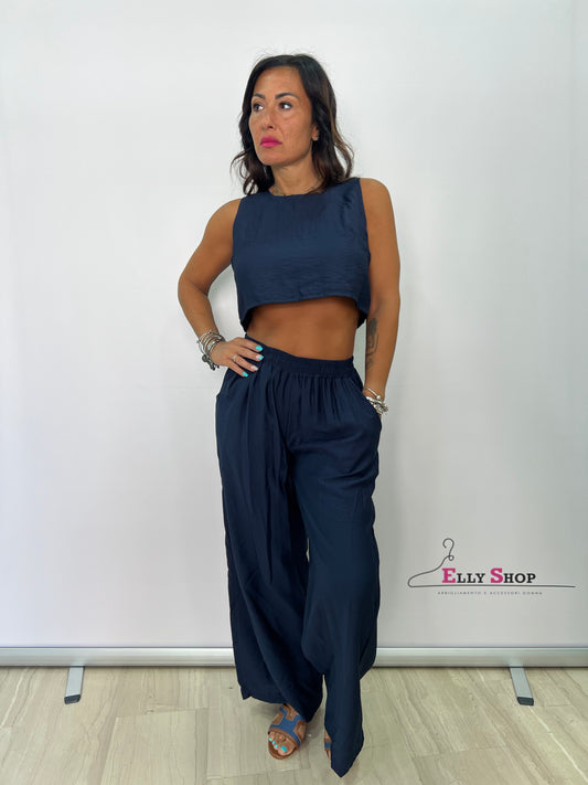 Completo donna estivo due pezzi in cotone con top corto e pantaloni ampi