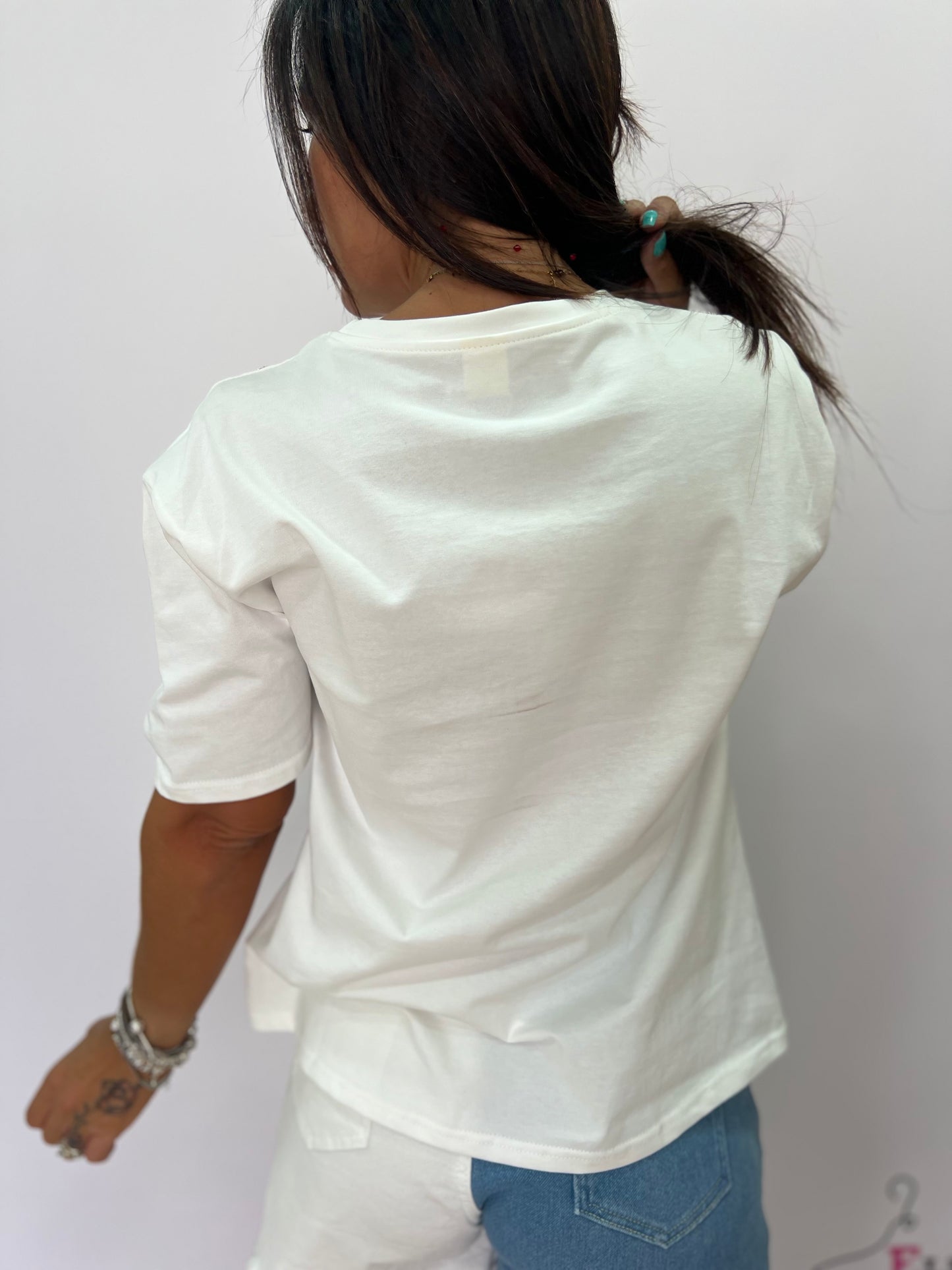 T-shirt bianca donna con stampa corsetto denim e dettagli glitter taglia unica
