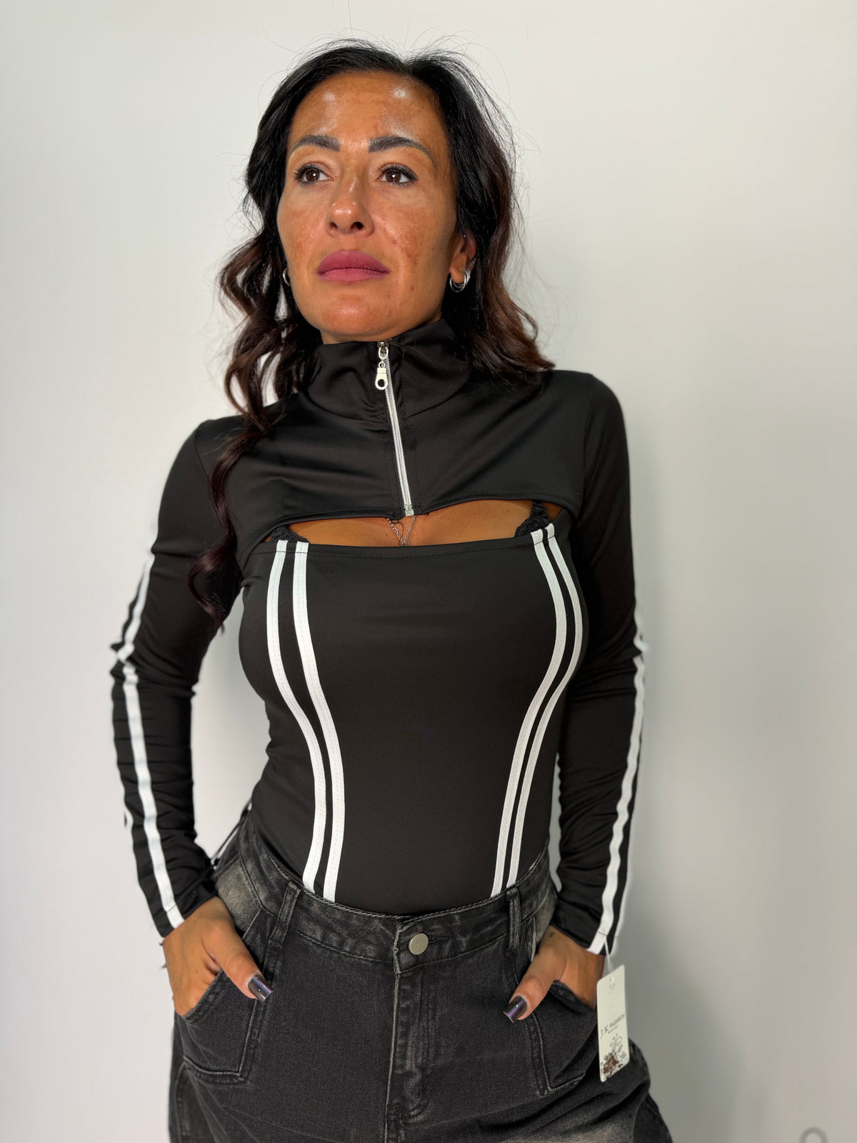 Body Donna Sporty Cut-Out con Zip e Bande Laterali Elasticizzato
