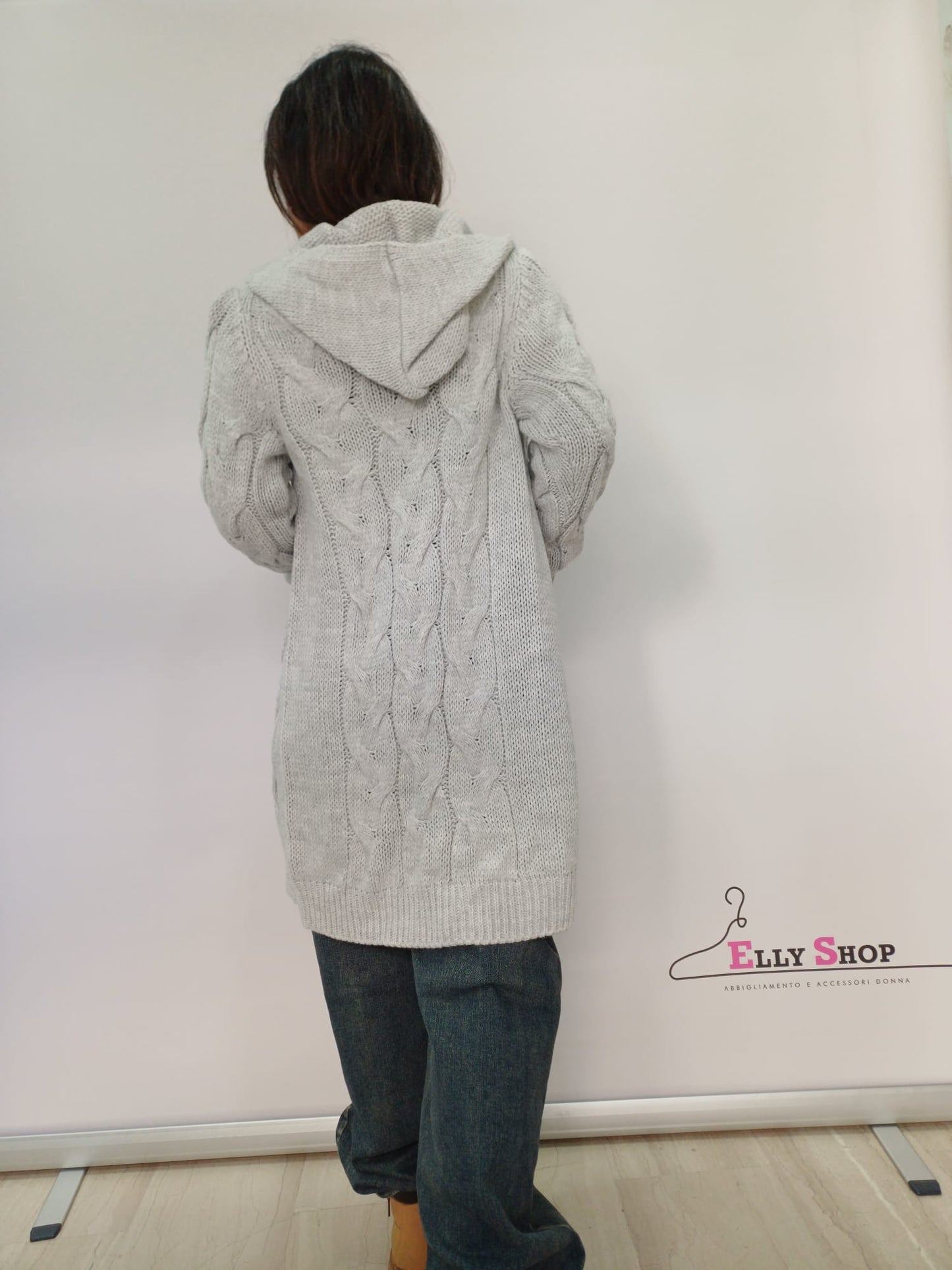 Cardigan lungo donna intrecciato con cappuccio