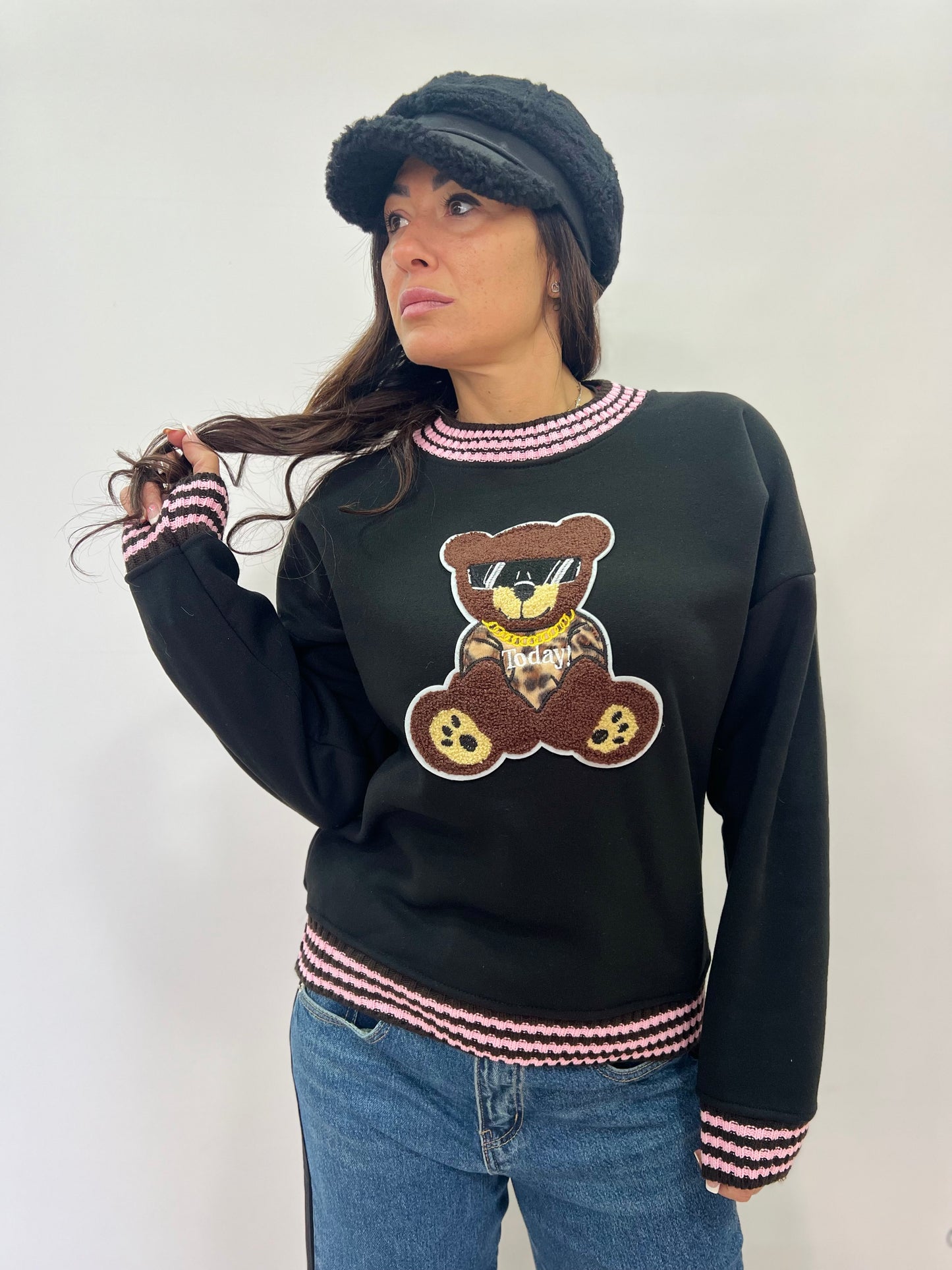 Felpa donna orsetto ricamata