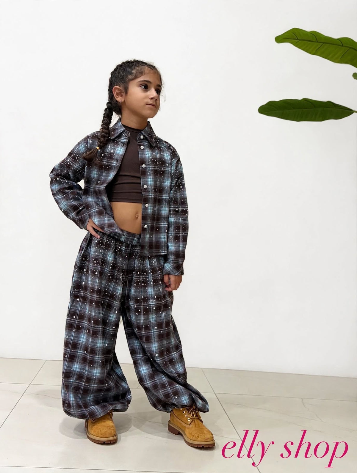 Completo Bambina Tartan con Strass e Pantalone Palazzo