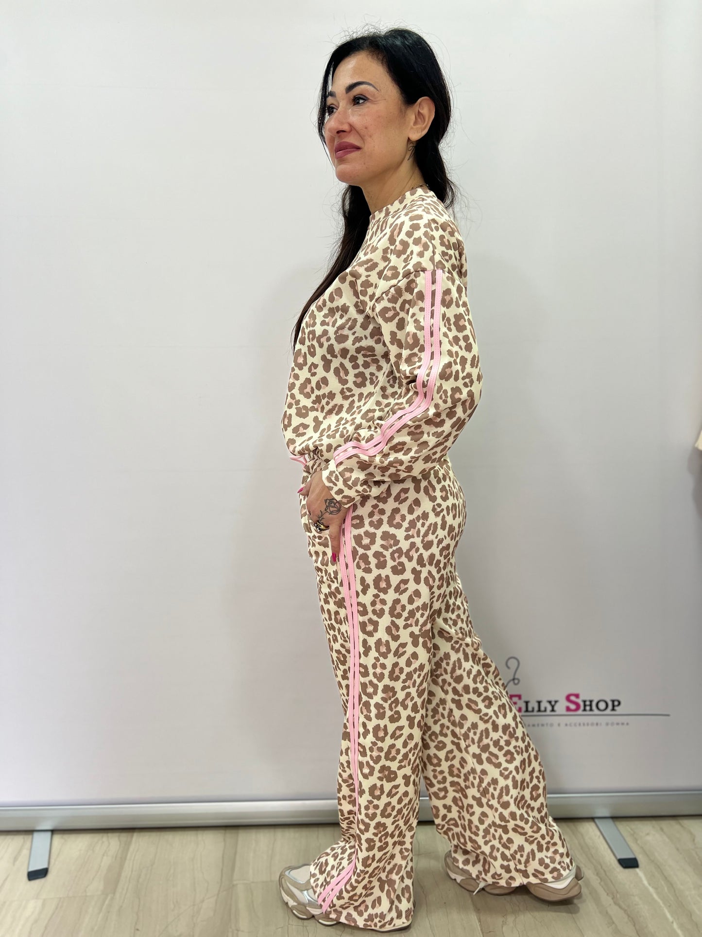 Completo leopardato donna sportivo strisce rosa