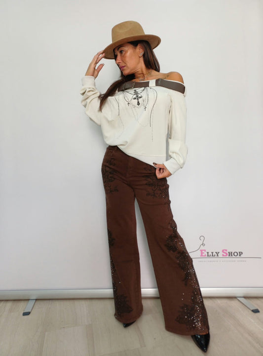 Jeans velluto marrone con ricami e strass