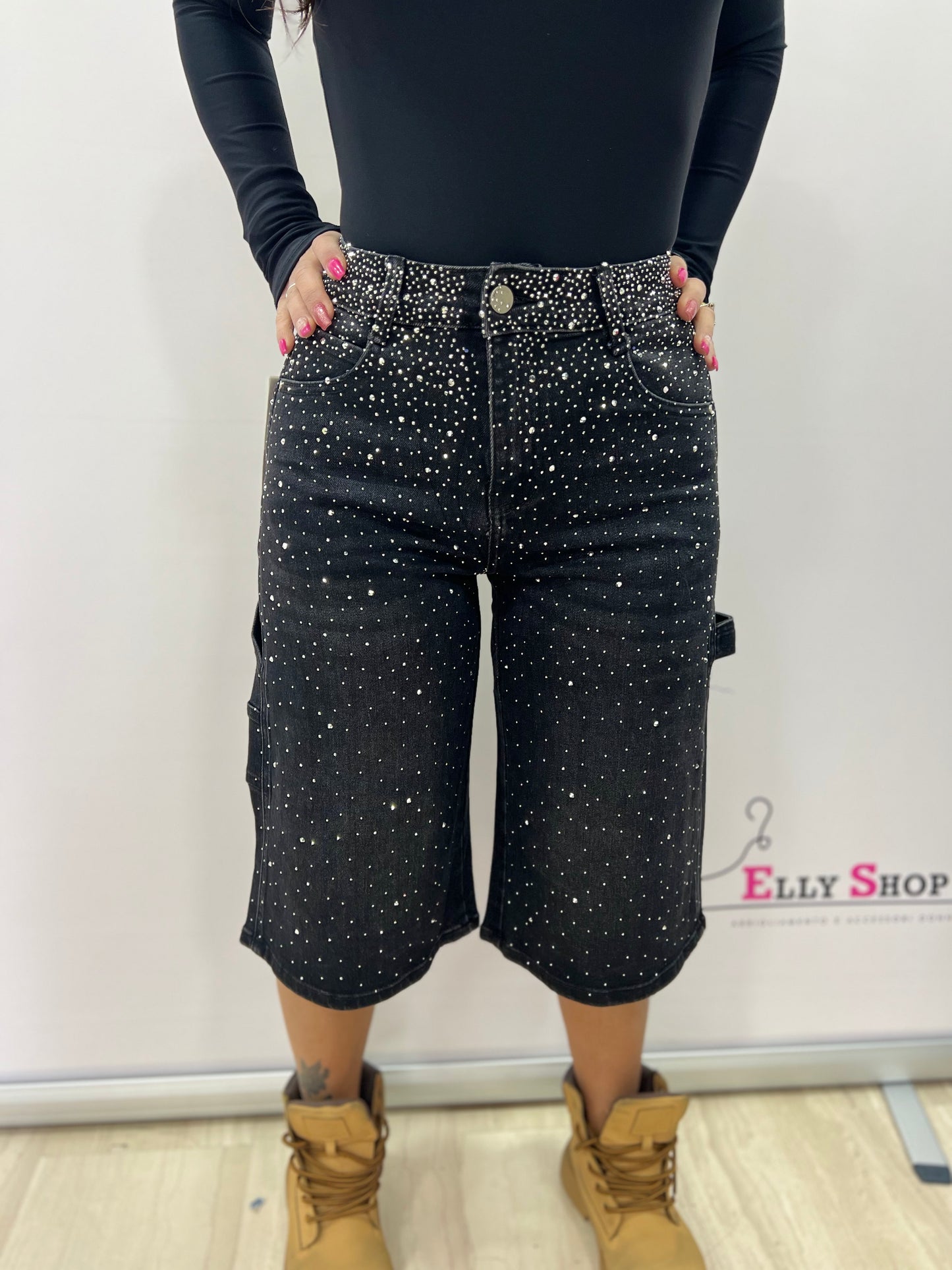 Bermuda donna nero con strass glamour