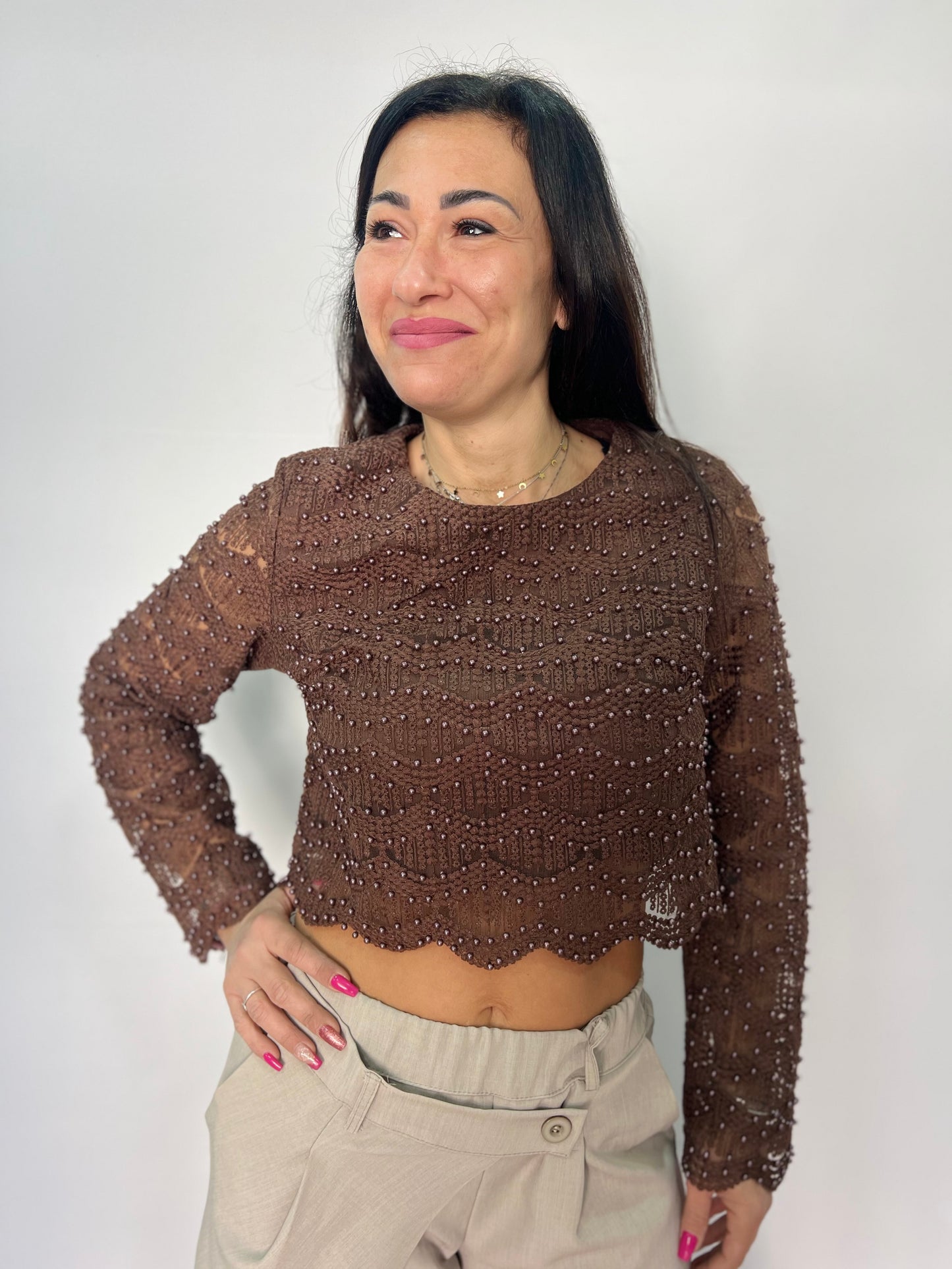 Top crop in pizzo con perline donna