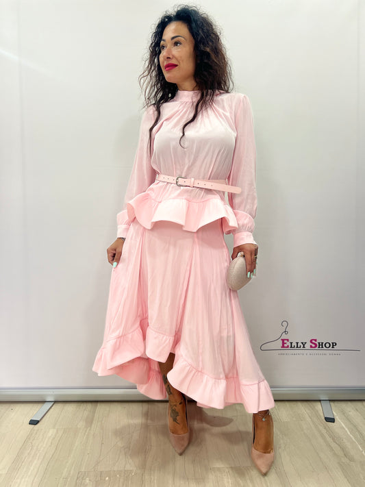 Completo elegante donna con gonna lunga rosa