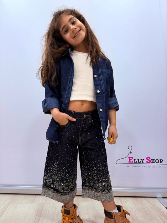 Completo bambina camicia denim e t-shirt