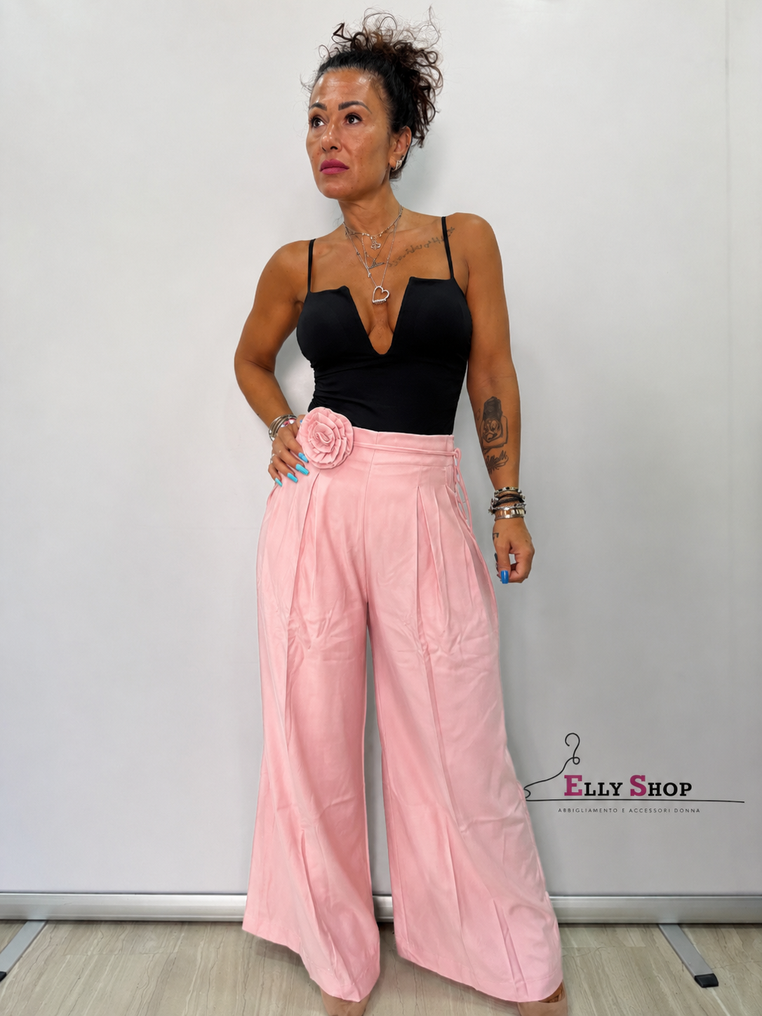Pantalone Palazzo Donna con Fiore Applicato