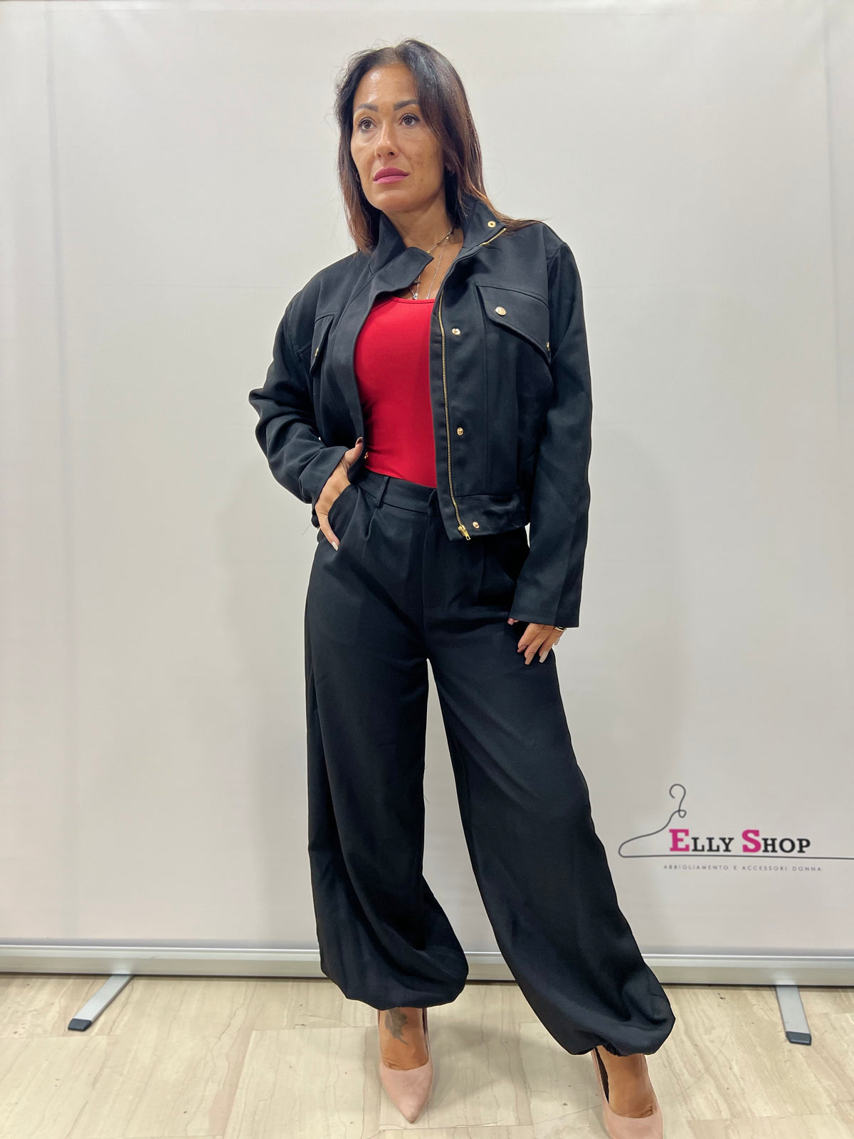 Completo Donna Sofia con Giacca Corta e Pantalone Balloon a Vita Alta