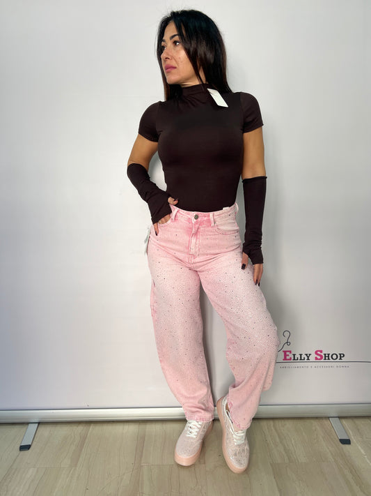 Jeans cargo rosa con strass donna