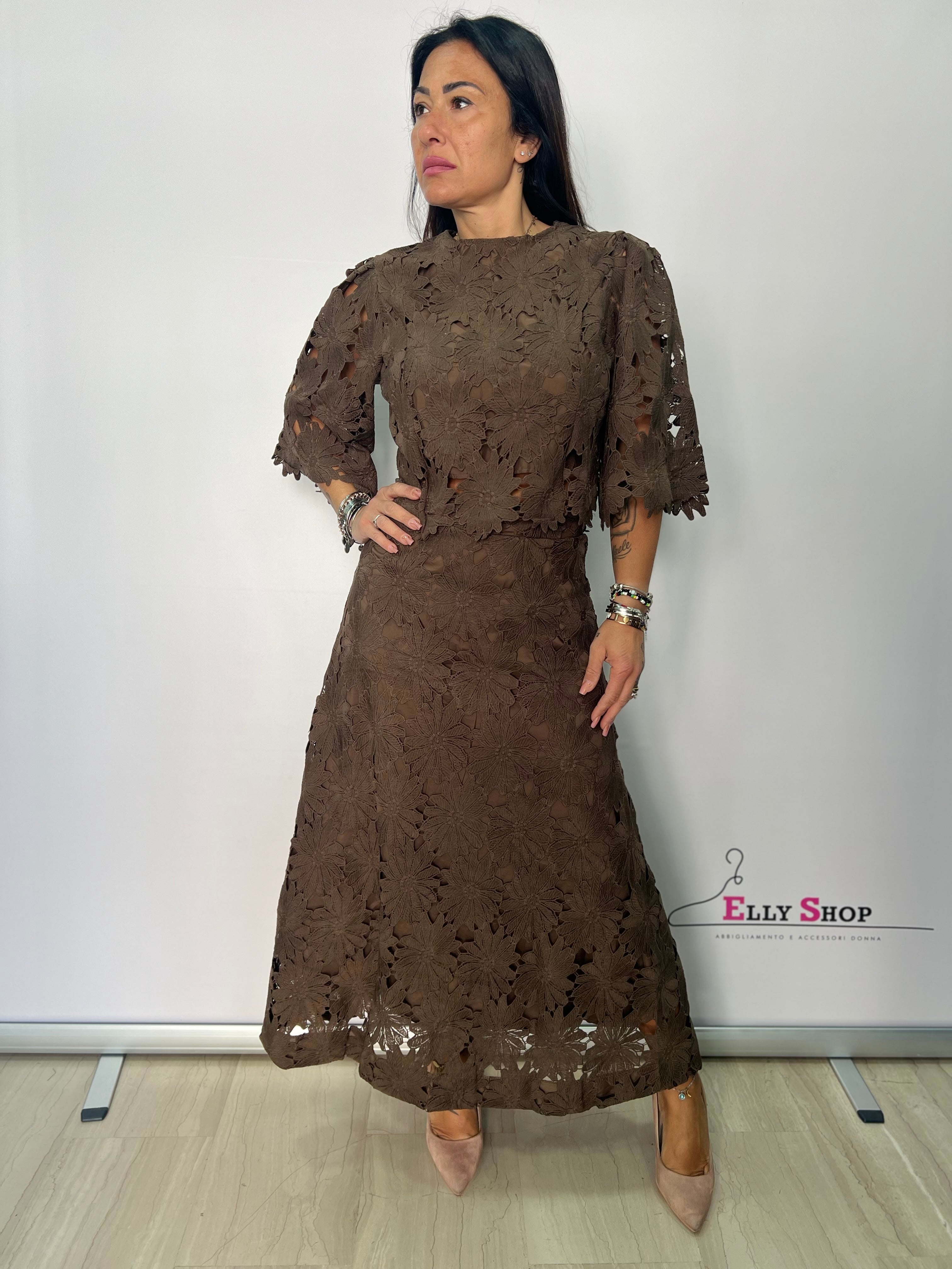 COMPLETO midi pizzo floreale elegante donna
