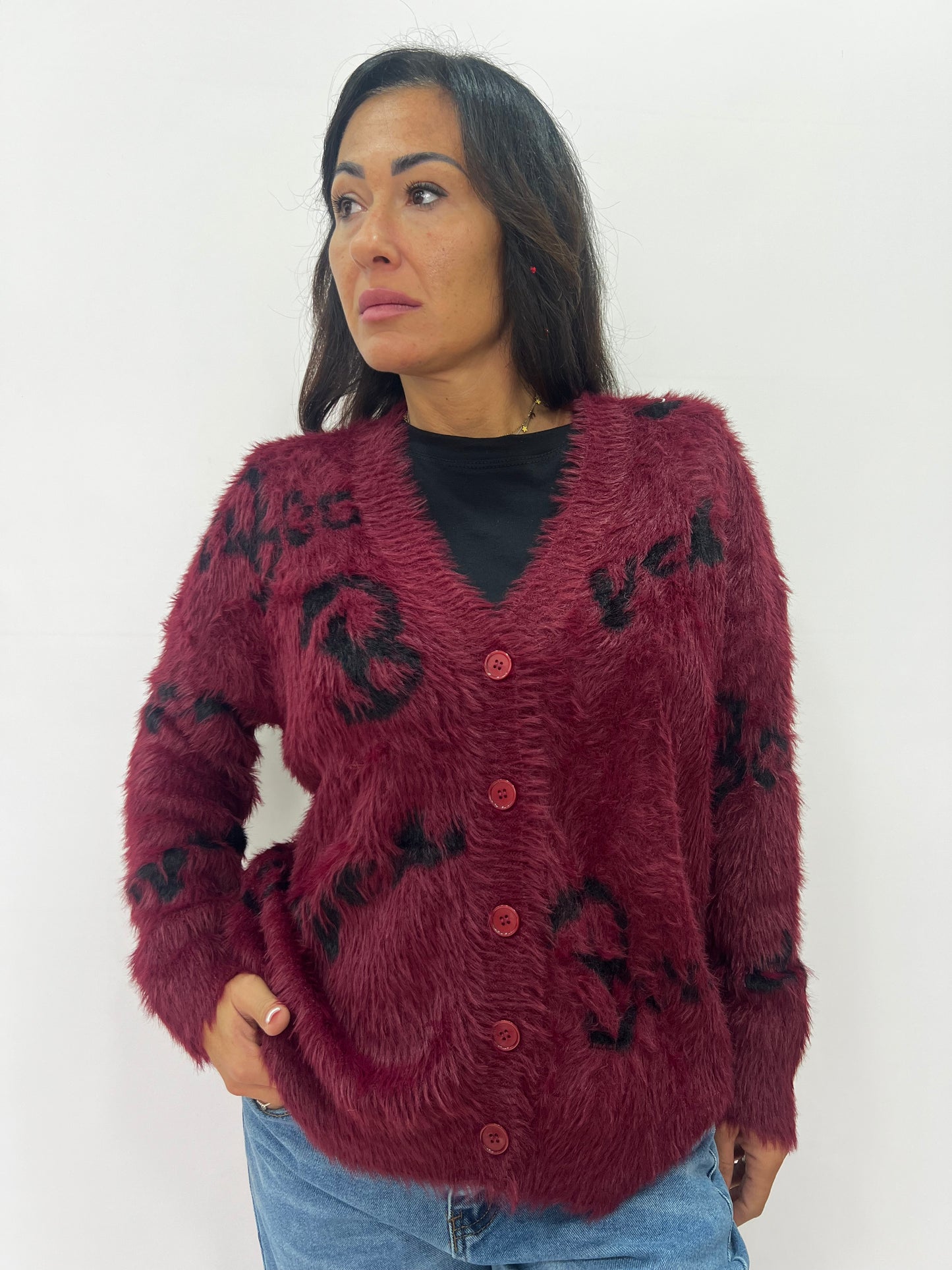 Cardigan peloso donna con scritte a contrasto