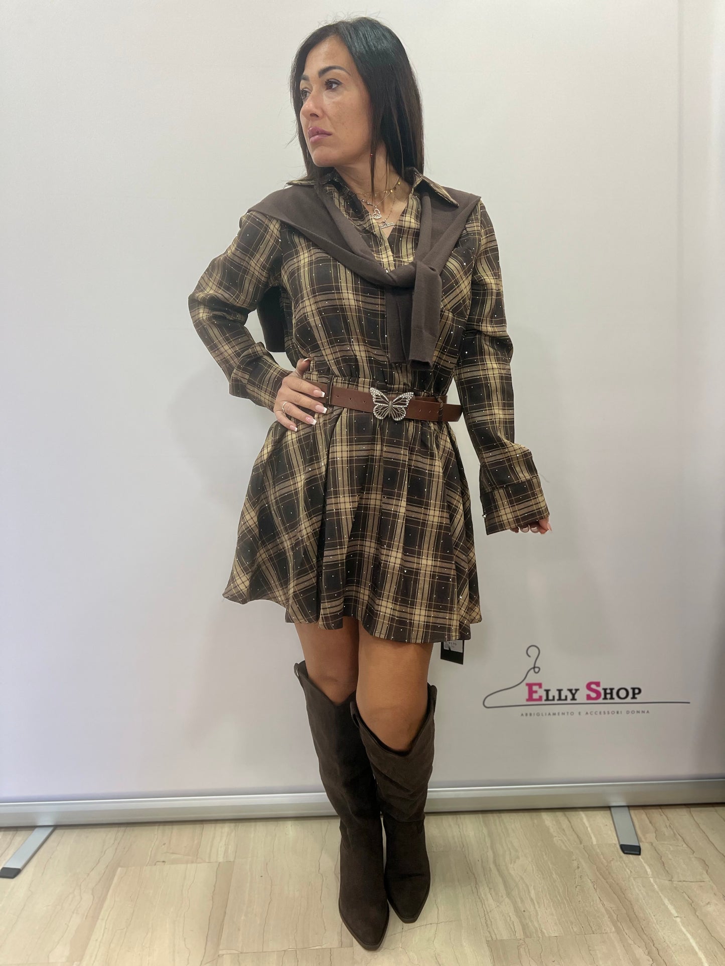 Abito chemisier scozzese con cintura donna