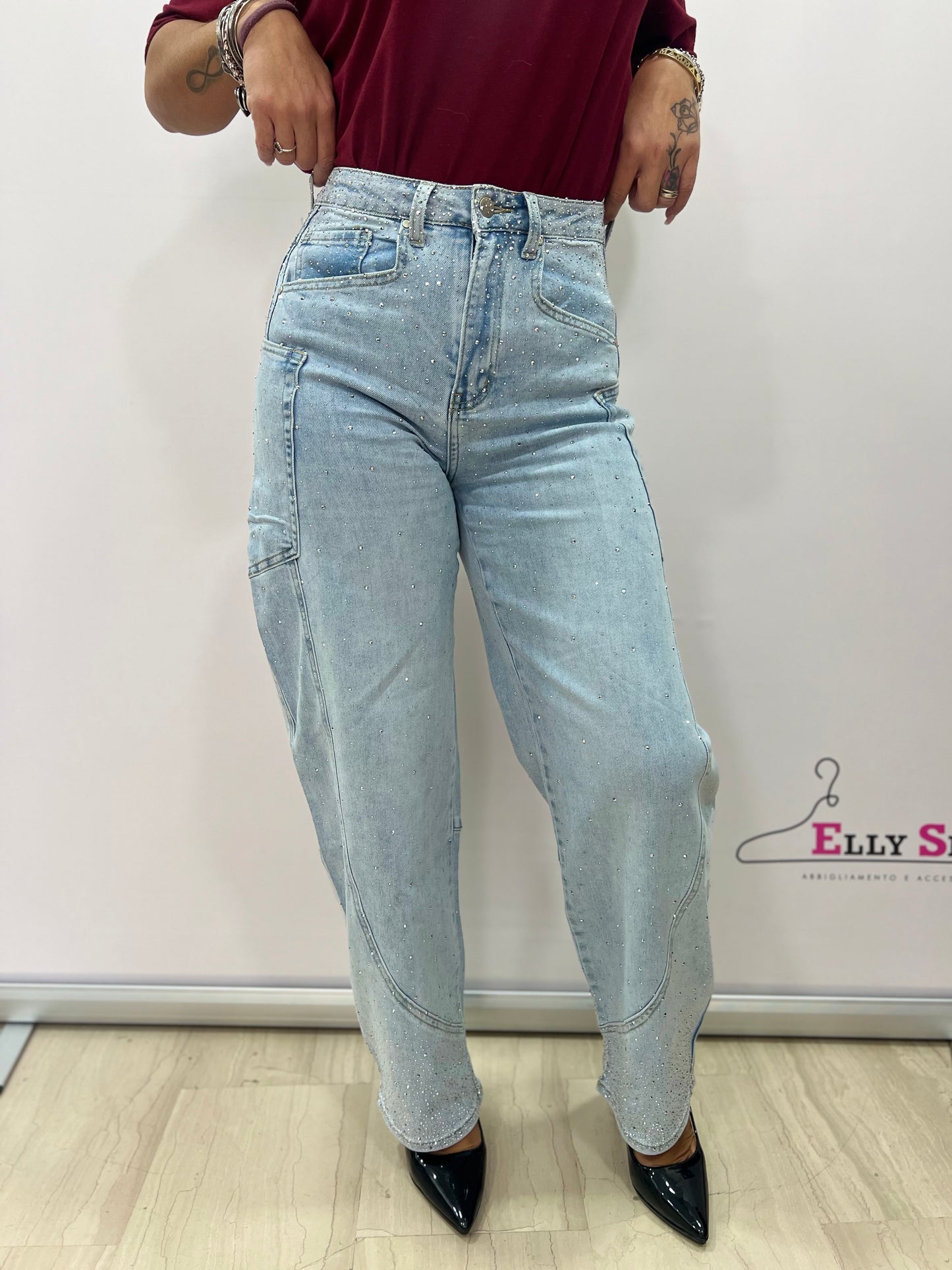 Jeans donna strass gamba ampia denim chiaro