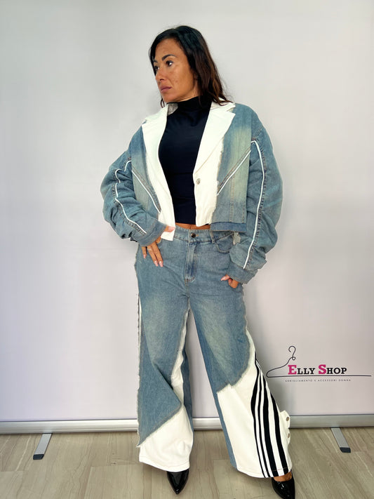 Completo denim e stoffa giacca e pantalone
